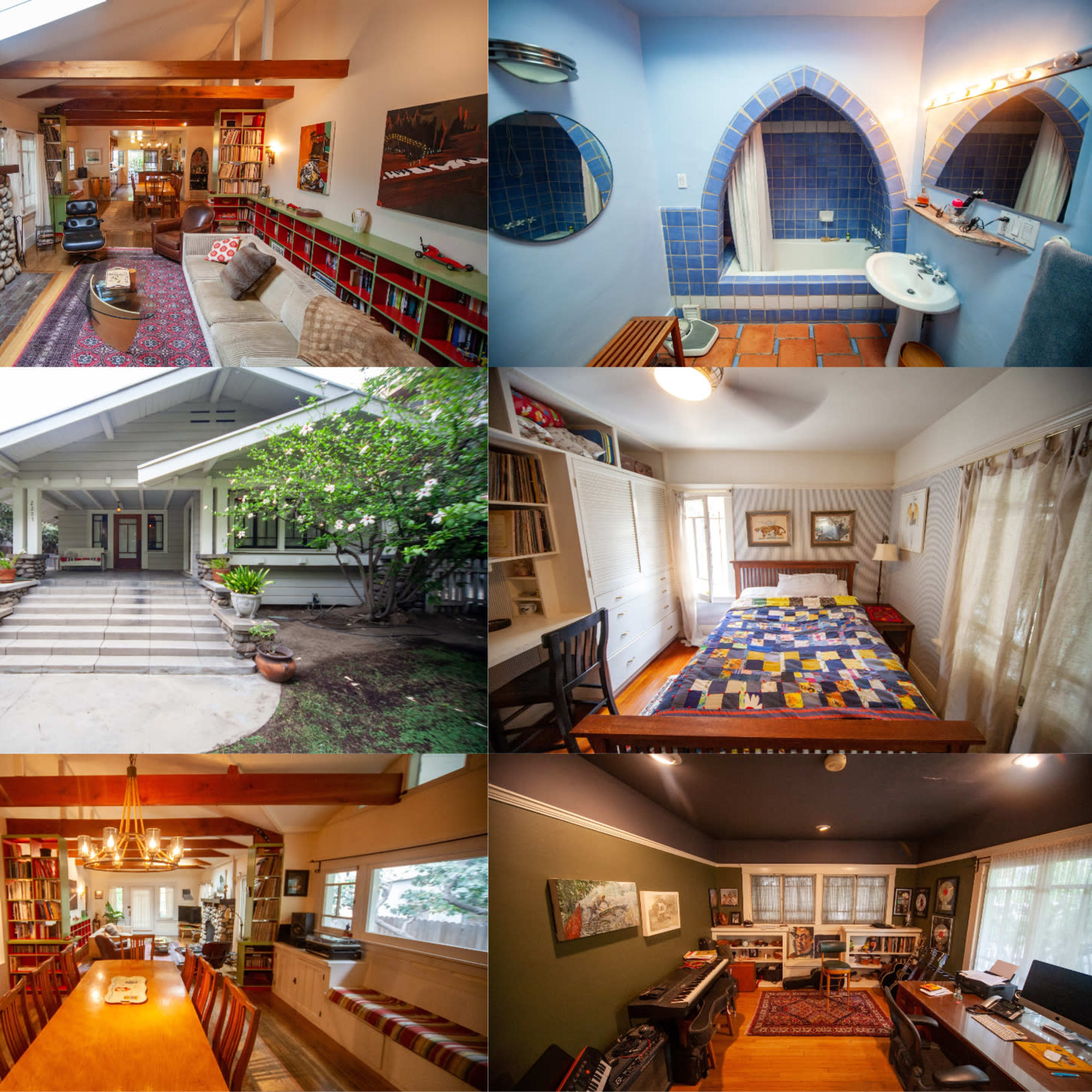 A collage of nine photographs showcasing various areas and rooms of a house, including outdoor spaces, living areas, dining areas, and kitchens.