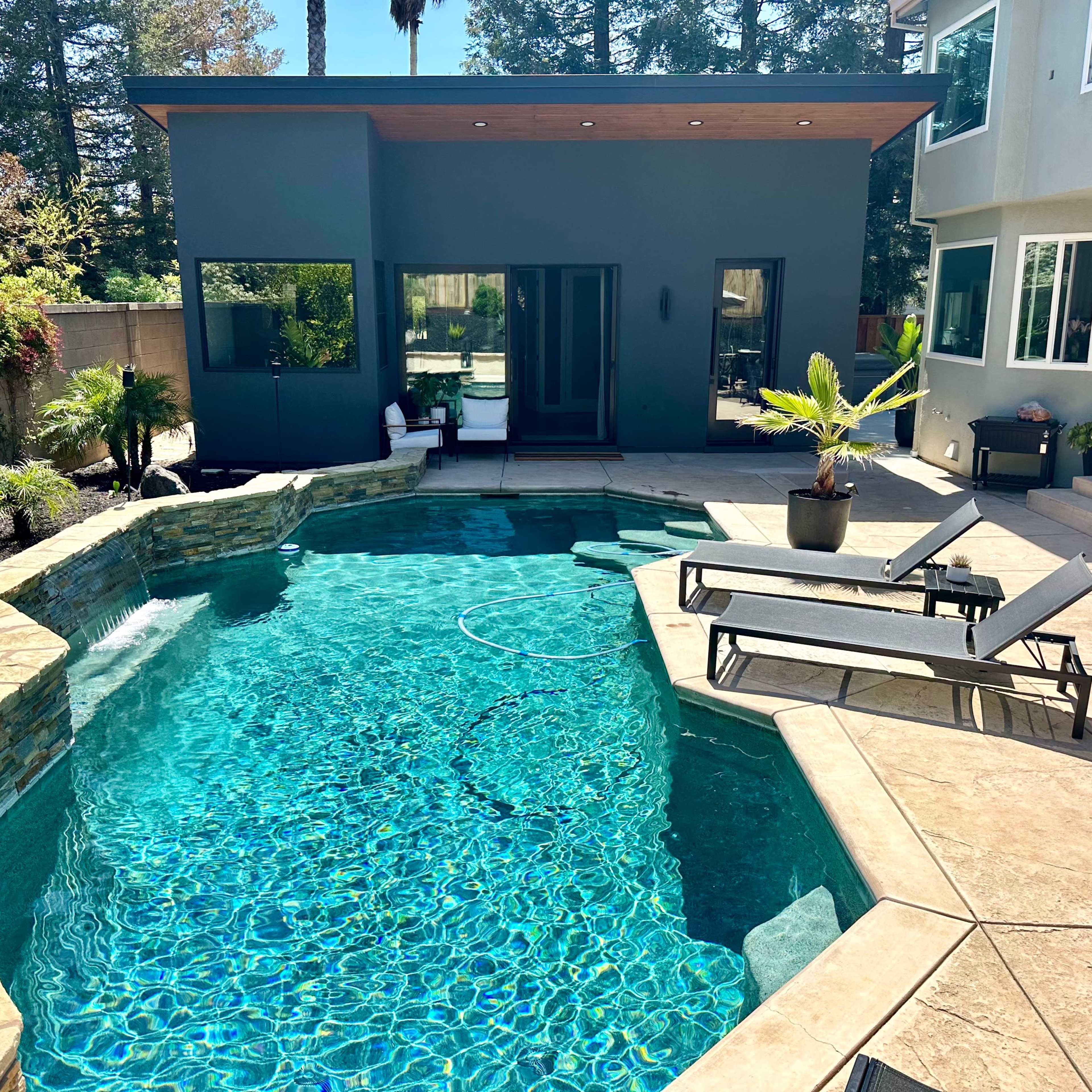 A modern backyard featuring a swimming pool with a stone border, surrounded by lounge chairs and landscaped greenery.