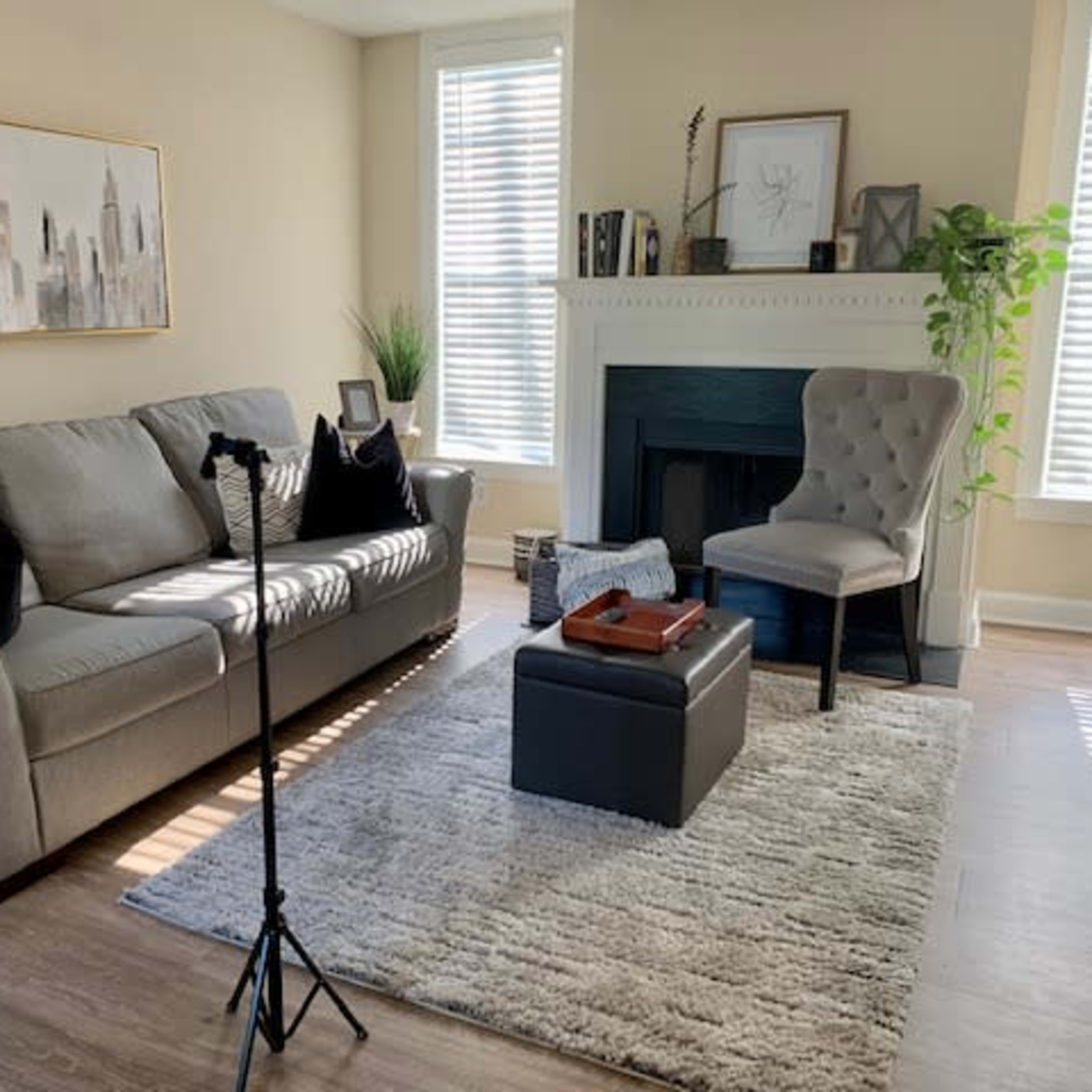 A living room featuring a gray sofa, a patterned rug, a black ottoman, and a chair next to a fireplace, all illuminated by natural light.