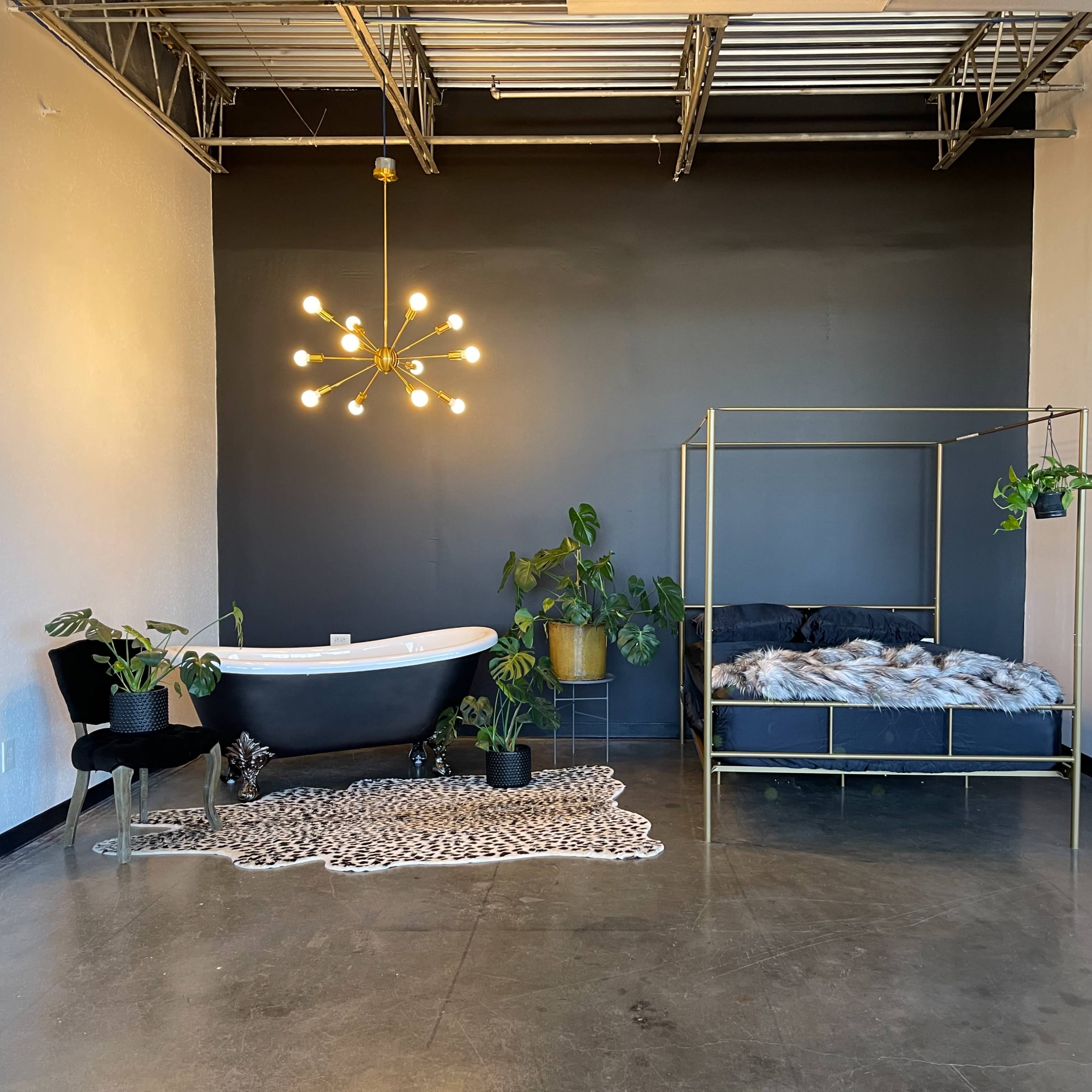 A spacious room with a black accent wall, featuring a freestanding bathtub, a gold canopy bed adorned with plants, a patterned rug, and a modern chandelier.
