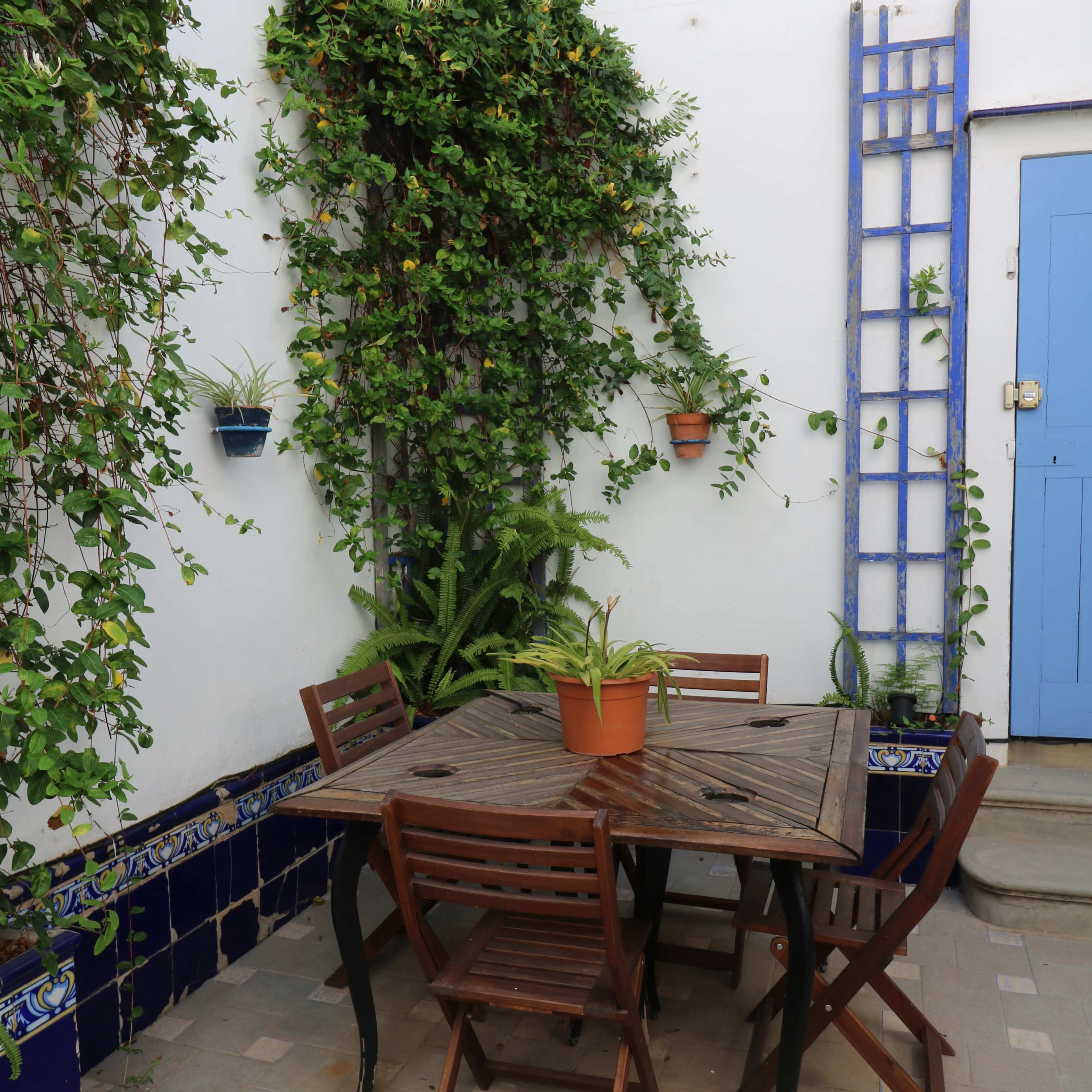 A wooden table with chairs is placed in a courtyard surrounded by climbing plants and blue accents on the walls.