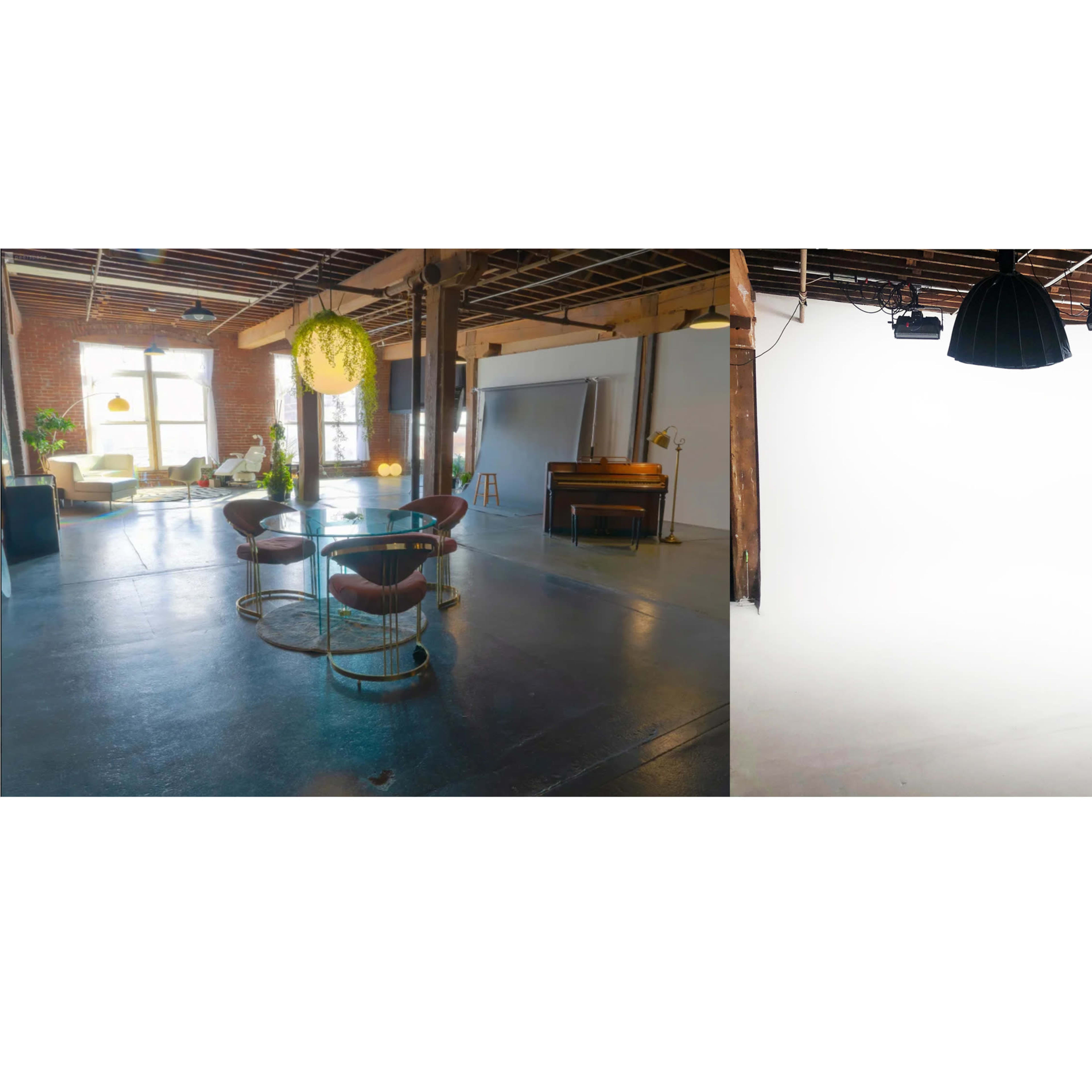 A creative studio space on the left with furniture and decor, and an empty white backdrop set up for photography on the right.