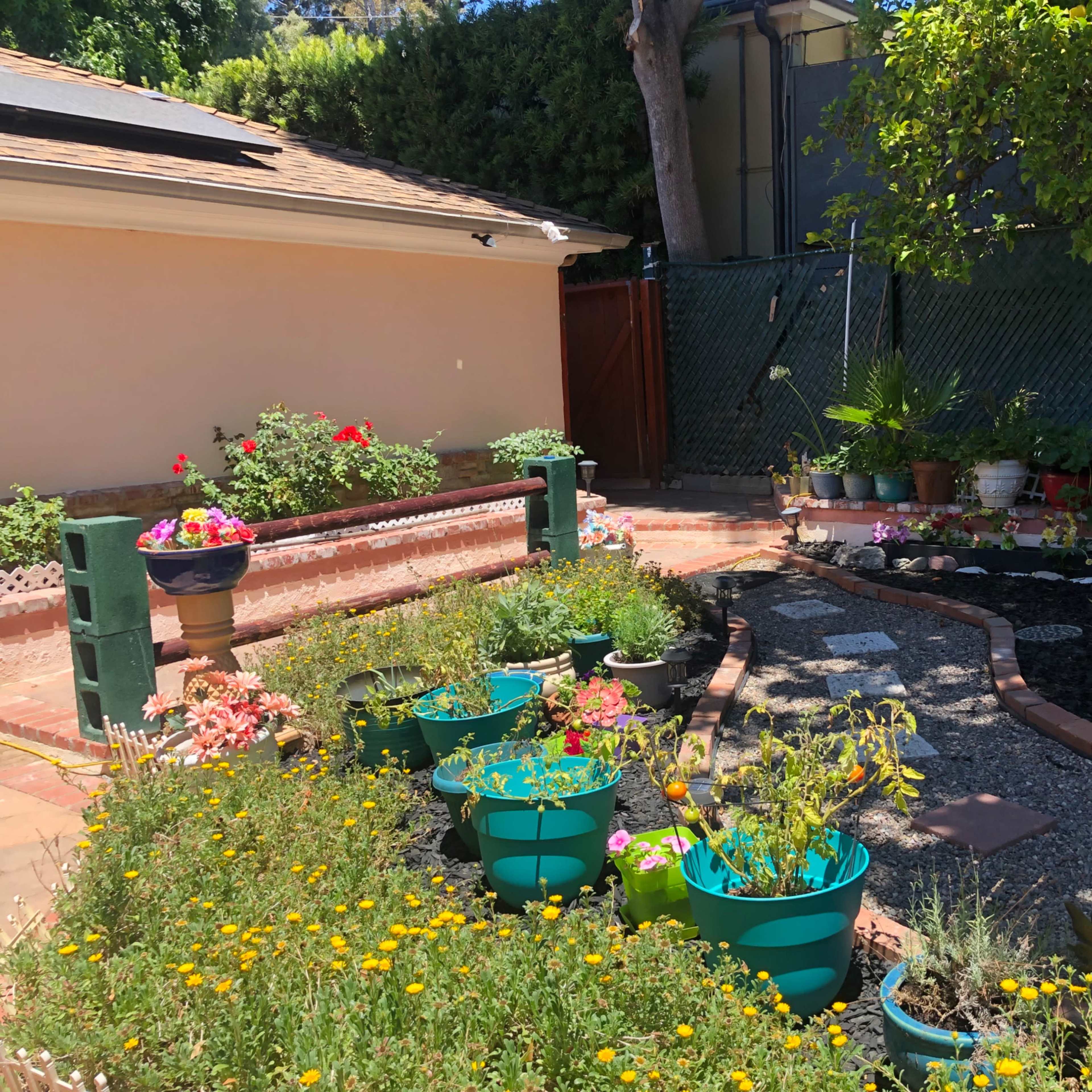 A garden area with flower planters, pathways, and various plants arranged around a residential space.