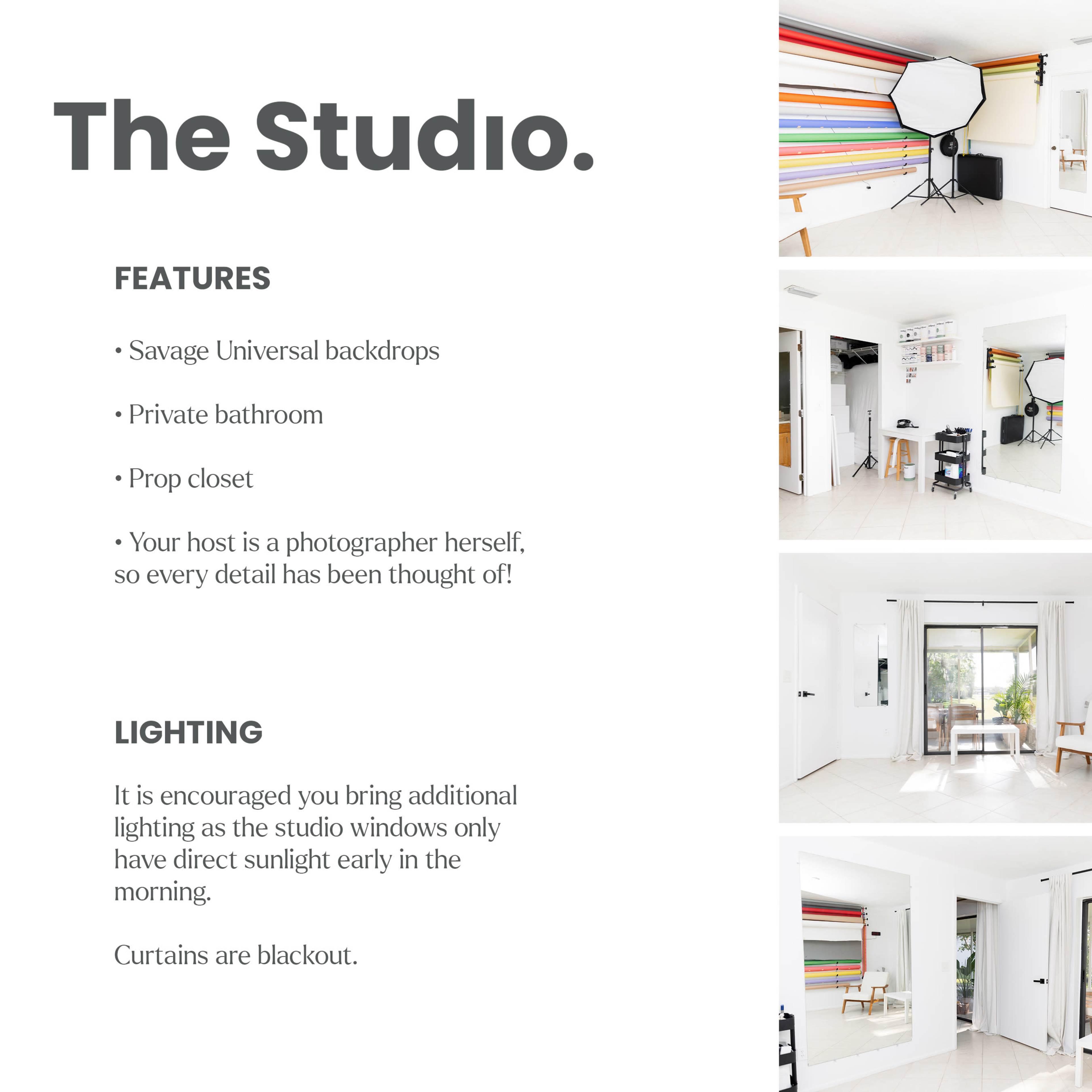 A modern photography studio featuring colorful backdrops, a private bathroom, and a prop closet, along with an overview of its lighting conditions and recommendations for usage.