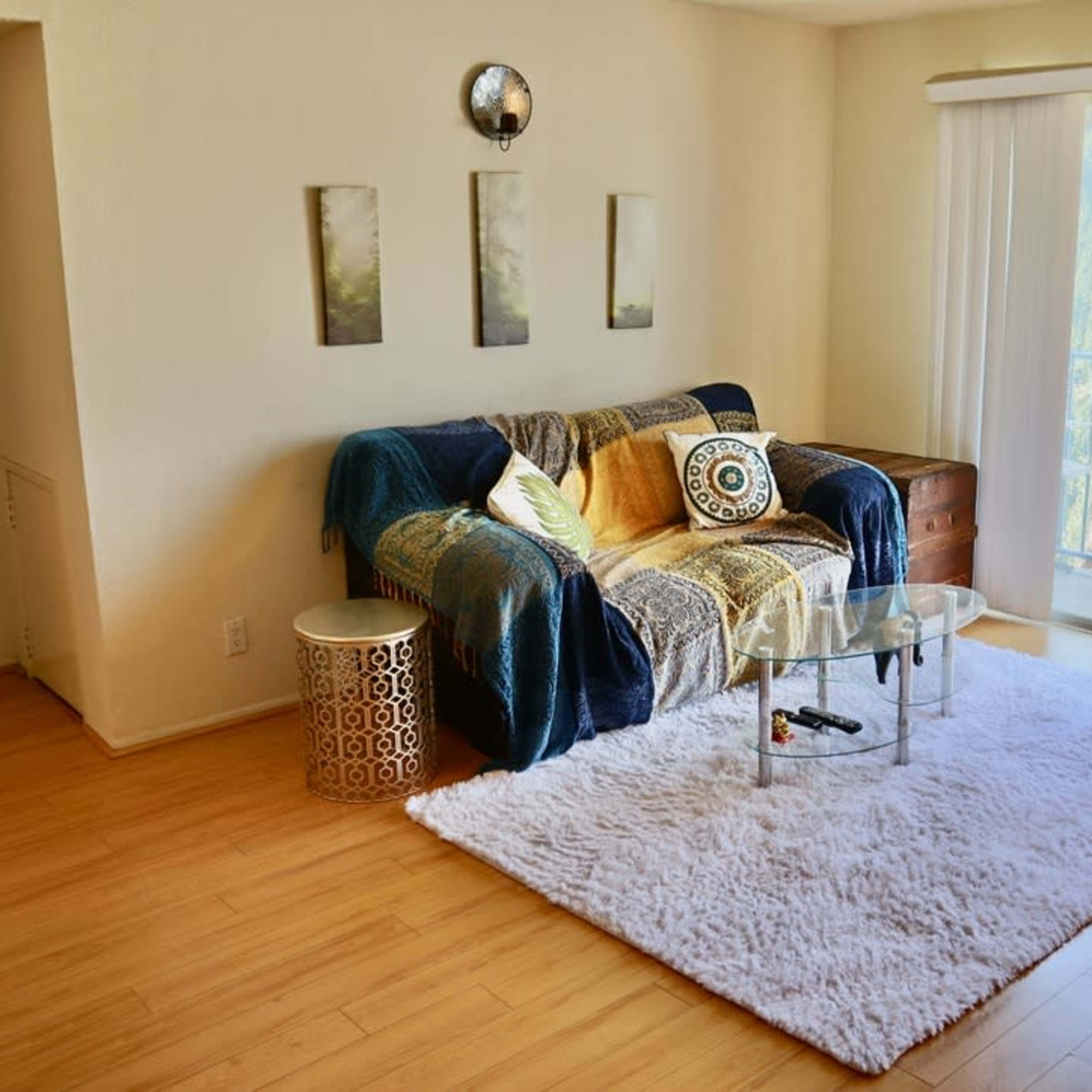 A cozy living room with a sofa draped in blankets, a glass coffee table, and a large rug on a wooden floor, featuring a view of trees through sliding glass doors.
