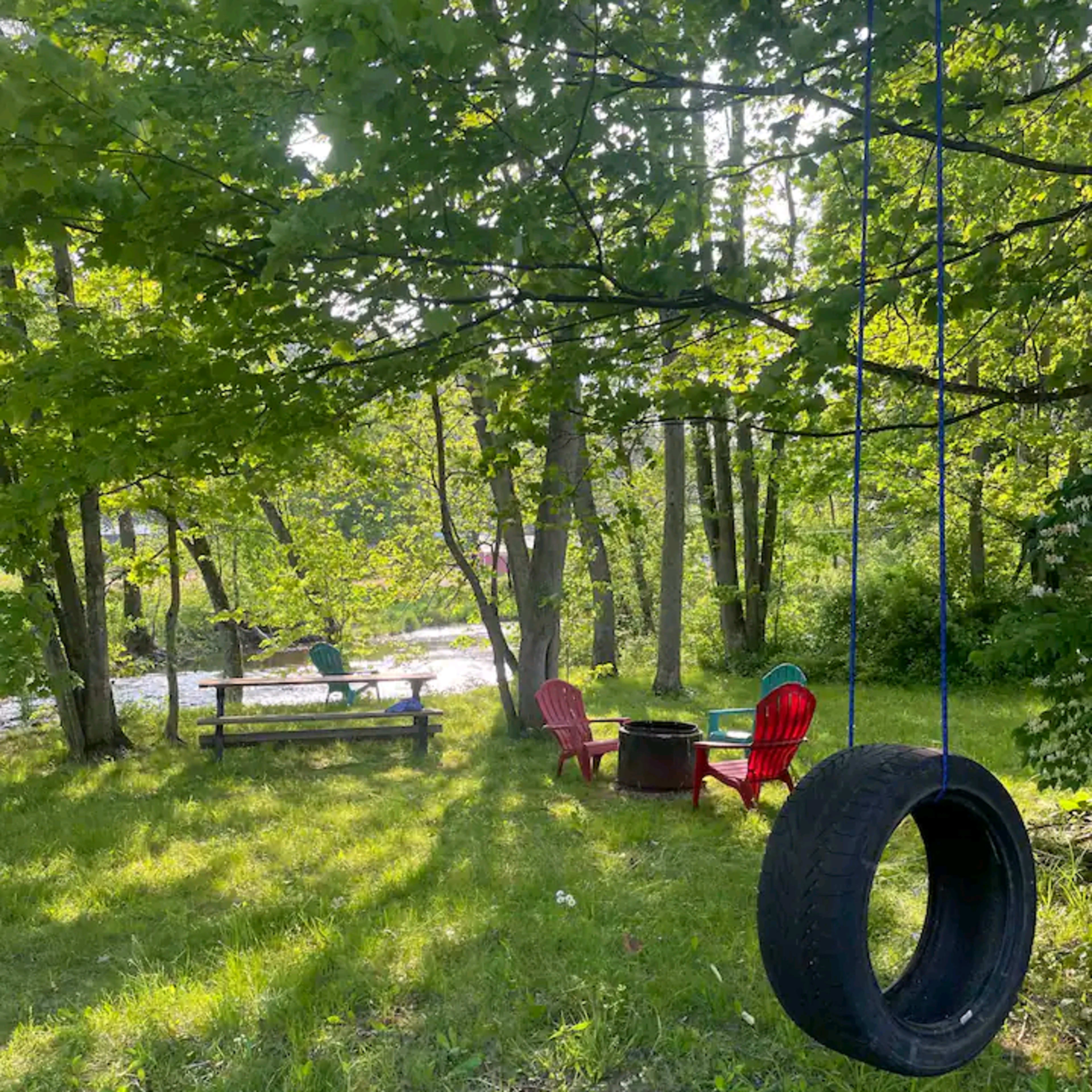 A tire swing hangs from a tree near a fire pit and red chairs beside a tranquil riverbank.