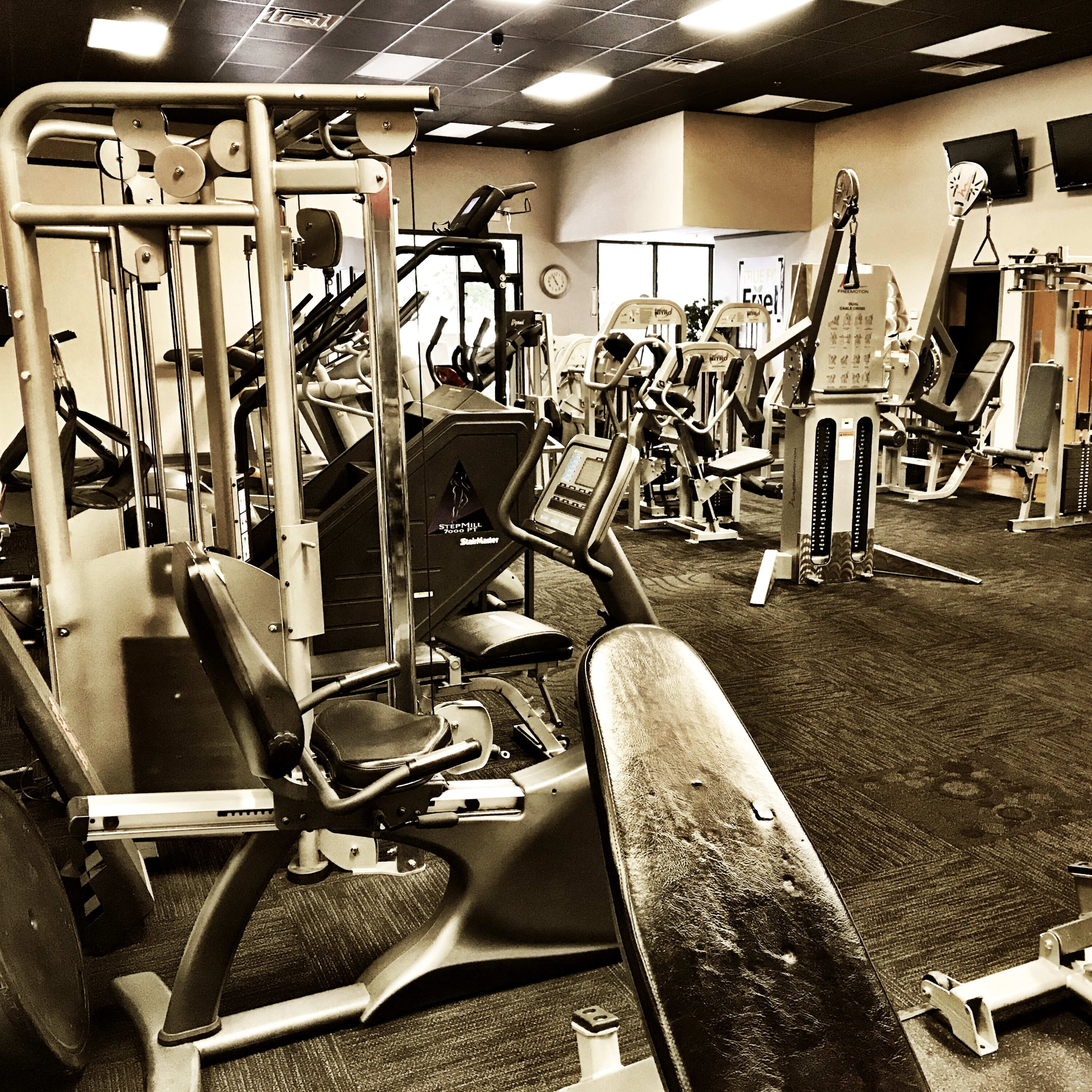 A gym interior filled with various exercise machines and equipment arranged in a spacious layout.