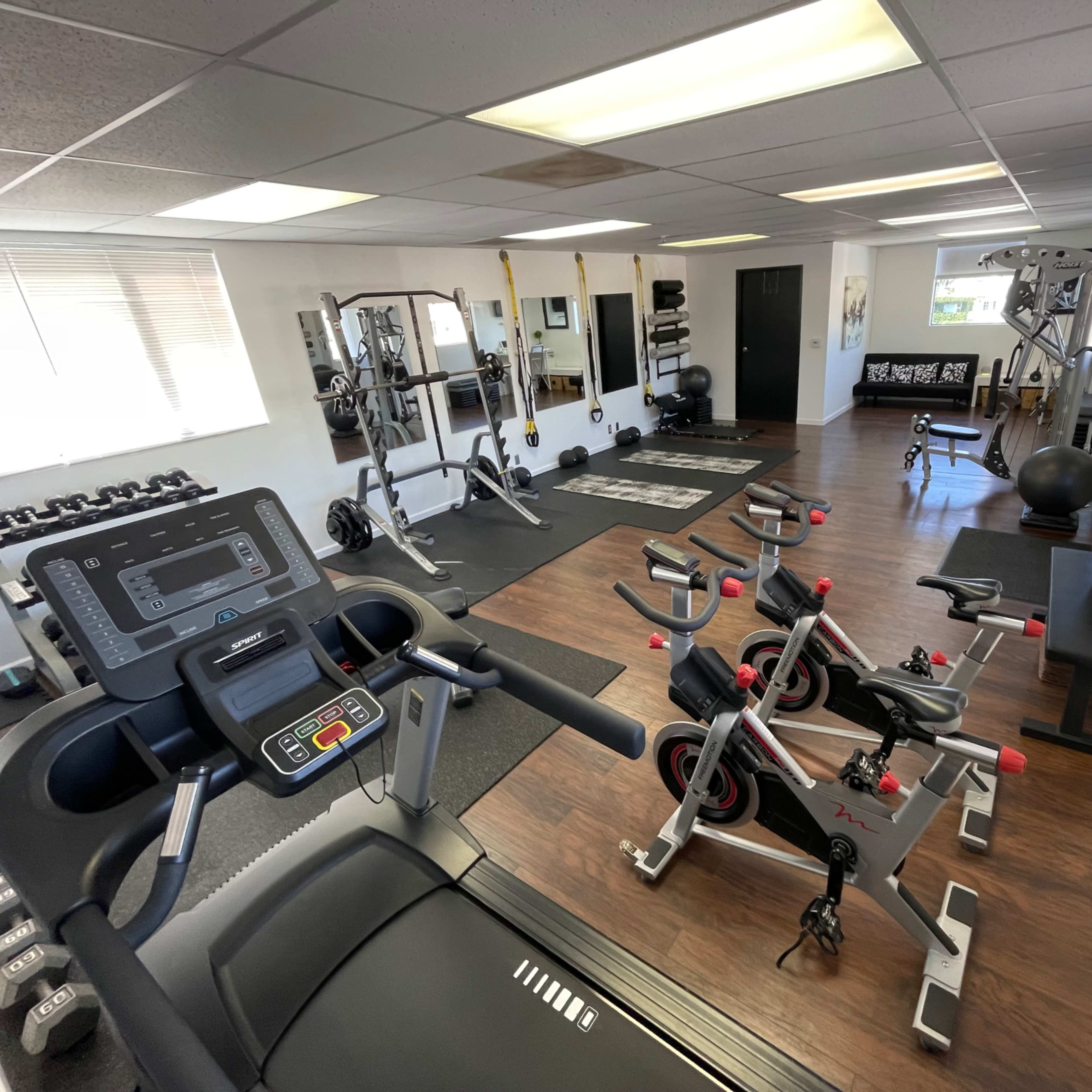 A well-equipped gym with various exercise machines, free weights, and workout mats arranged neatly in a spacious area.