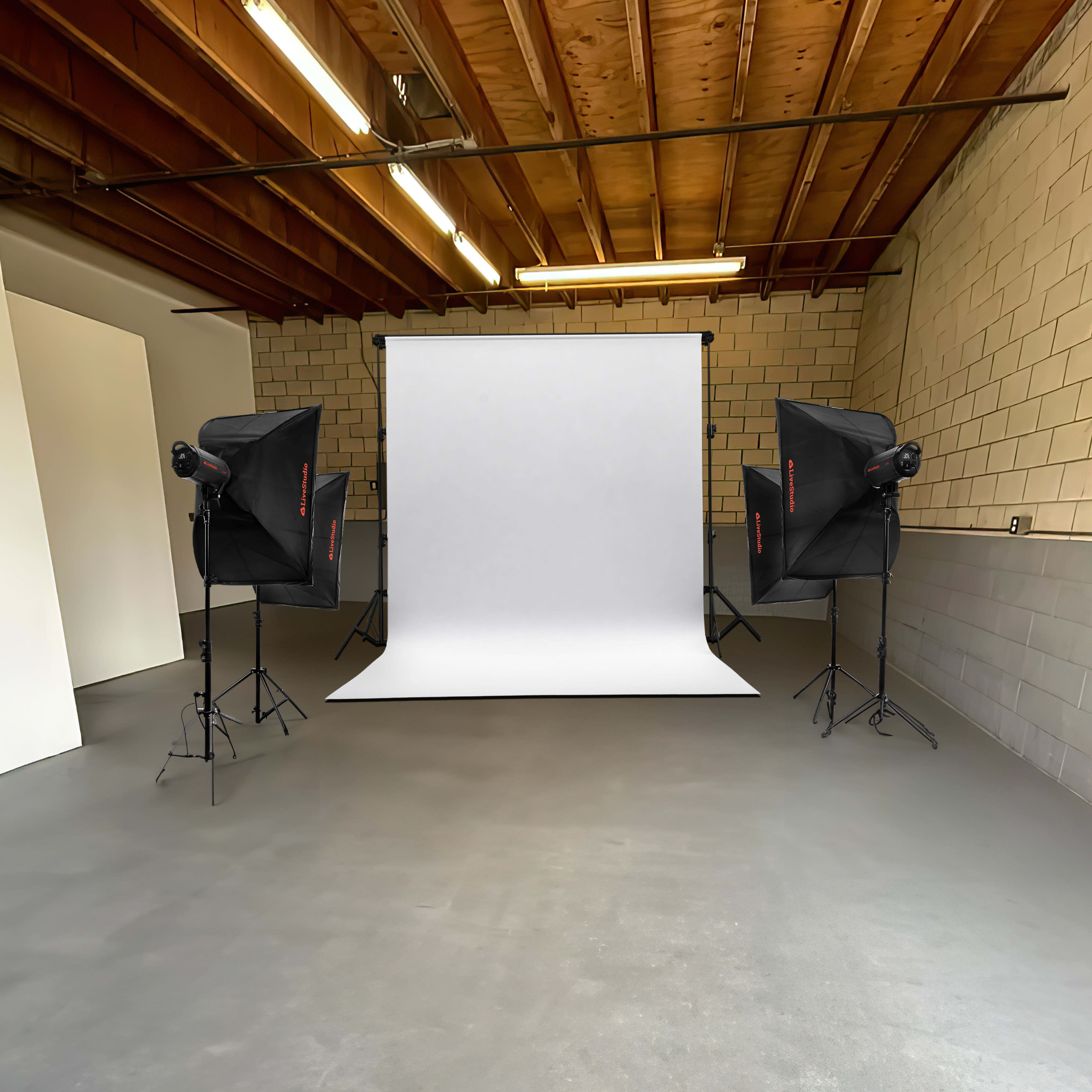 A photography studio with a white backdrop set up between two light sources in an empty space.