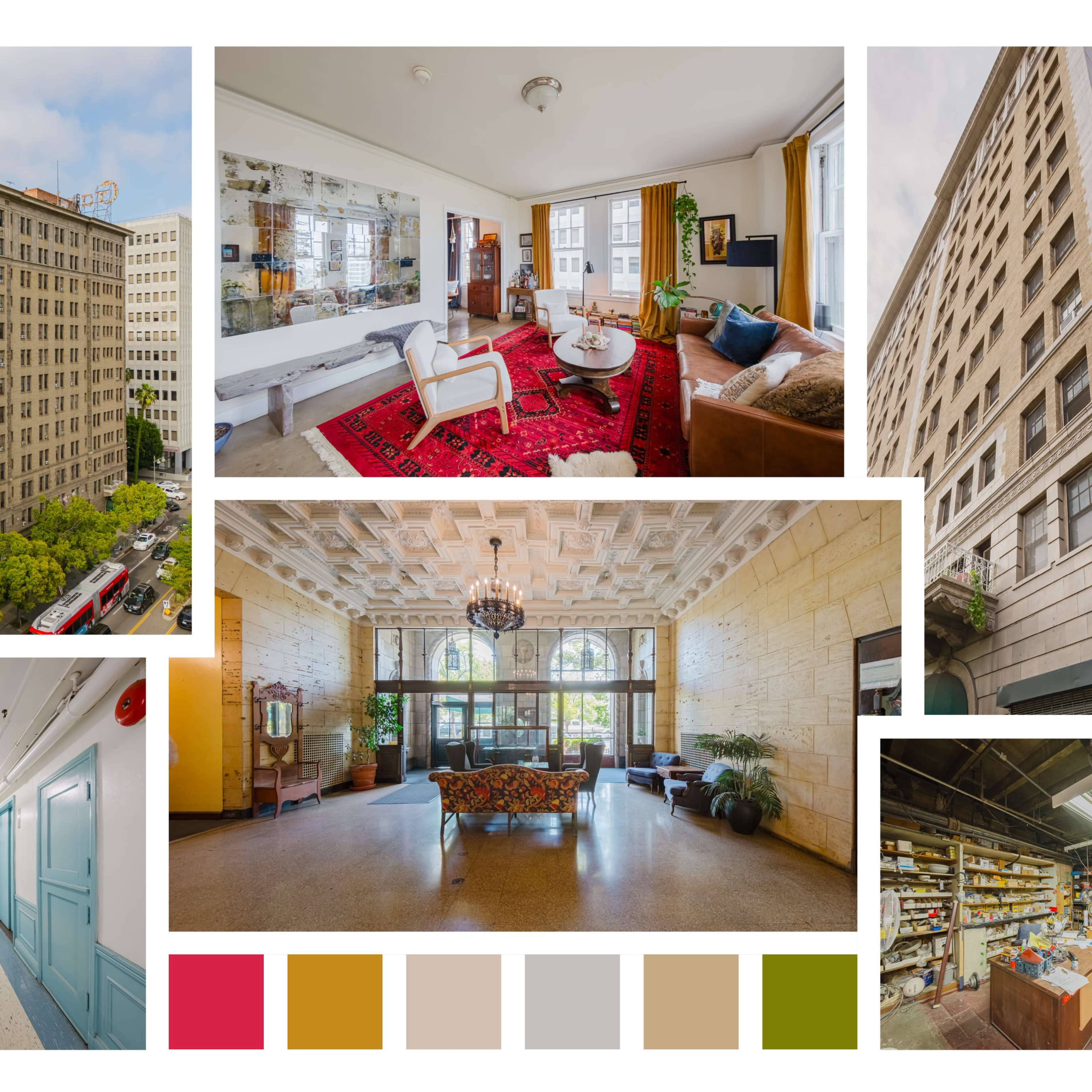A collage of various scenes from a historic building, including its exterior, lobby, corridors, and a well-furnished living area.