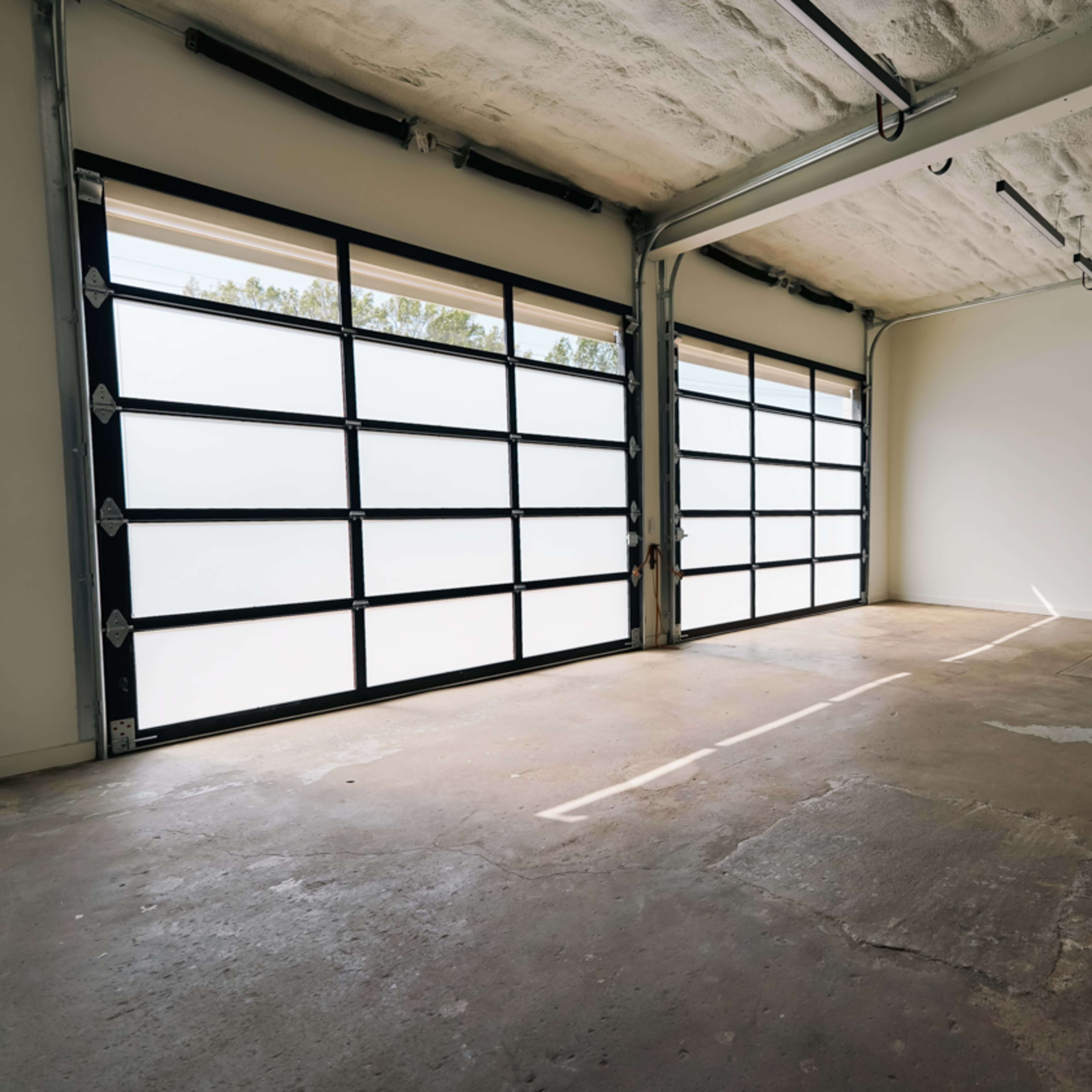 An empty garage with two large, glass-panel garage doors and a concrete floor.