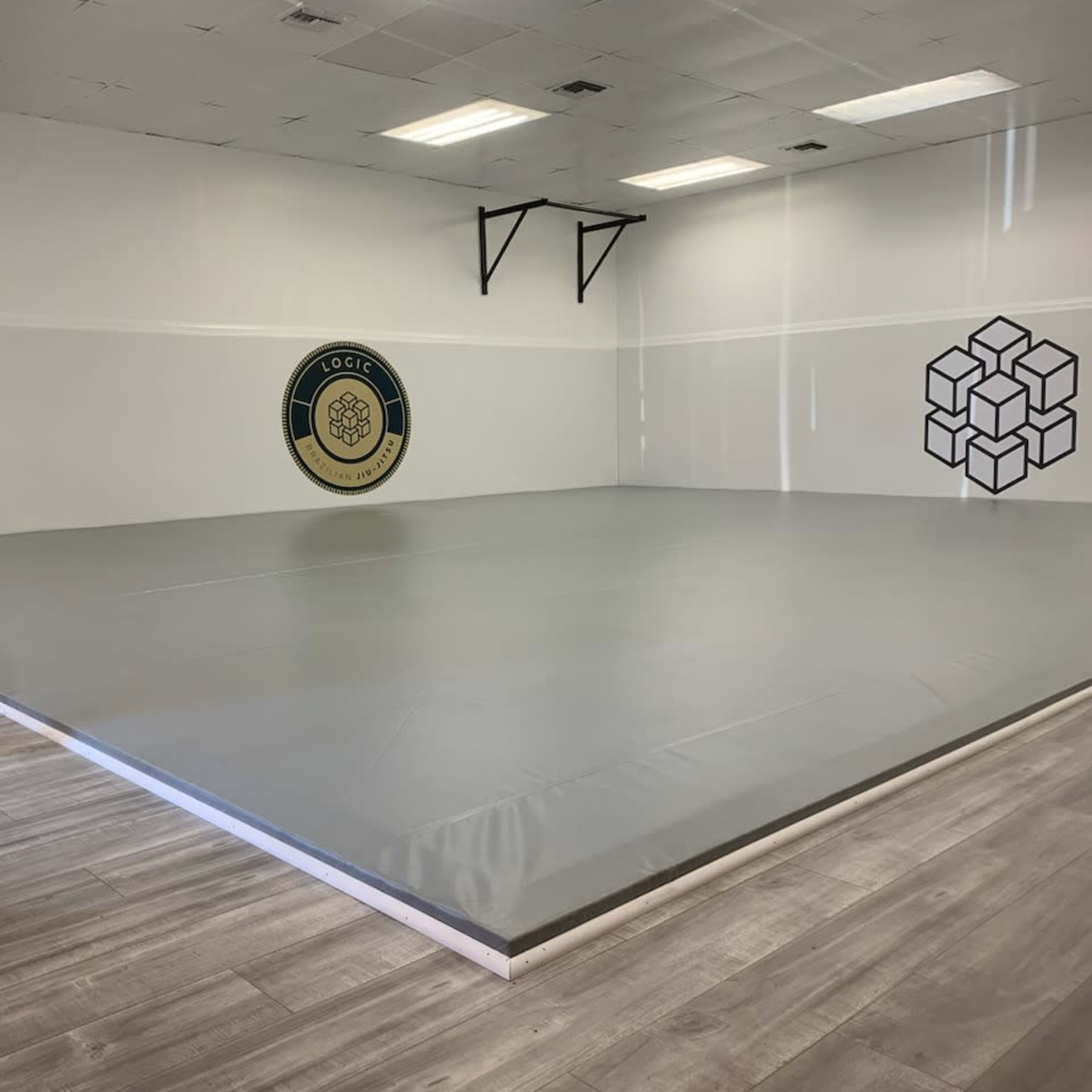 A spacious training room with a gray mat and two wall decorations, one circular and one geometric.
