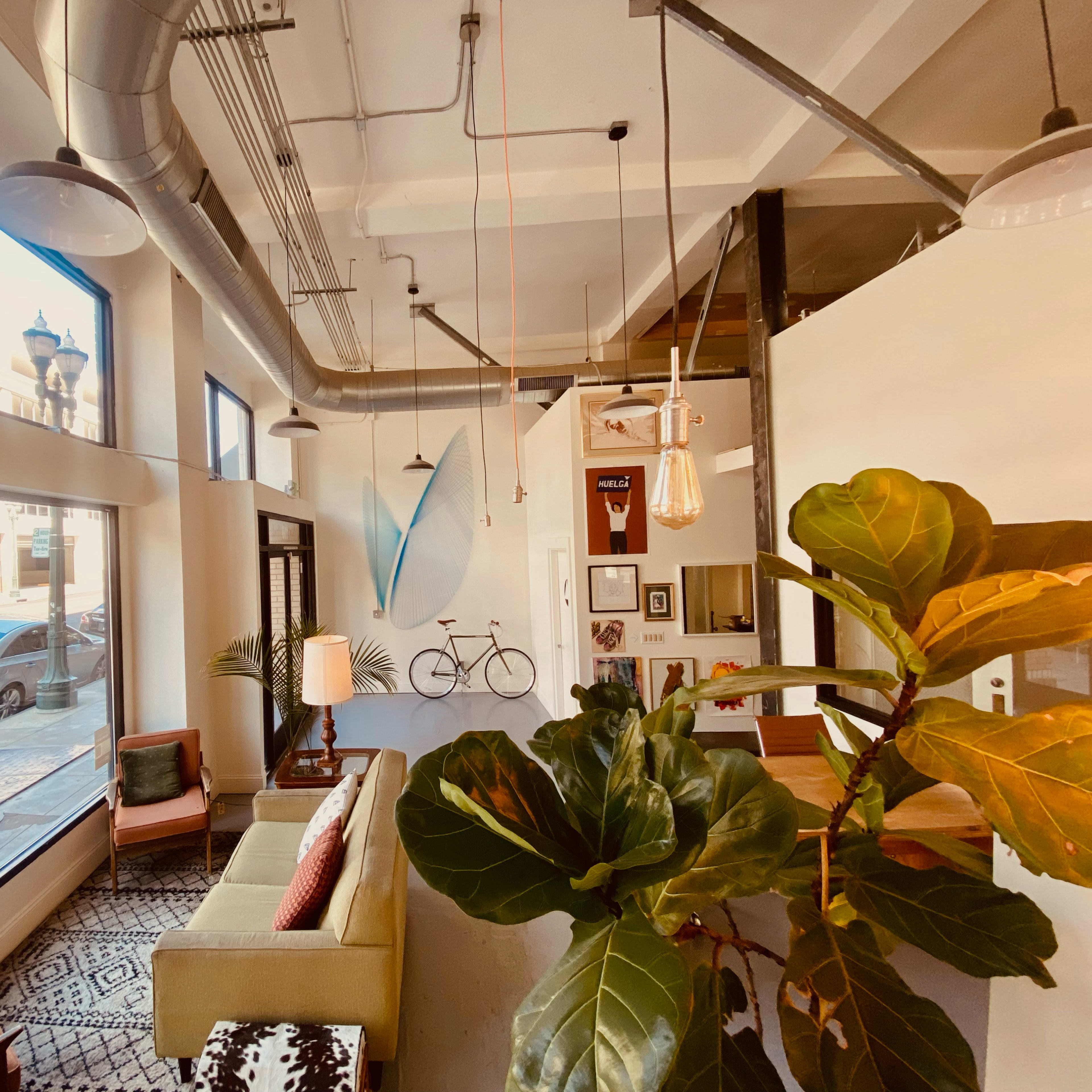 A bright, modern interior of a mixed-use space featuring a green sofa, a bicycle mounted on the wall, and large windows with views of the street.