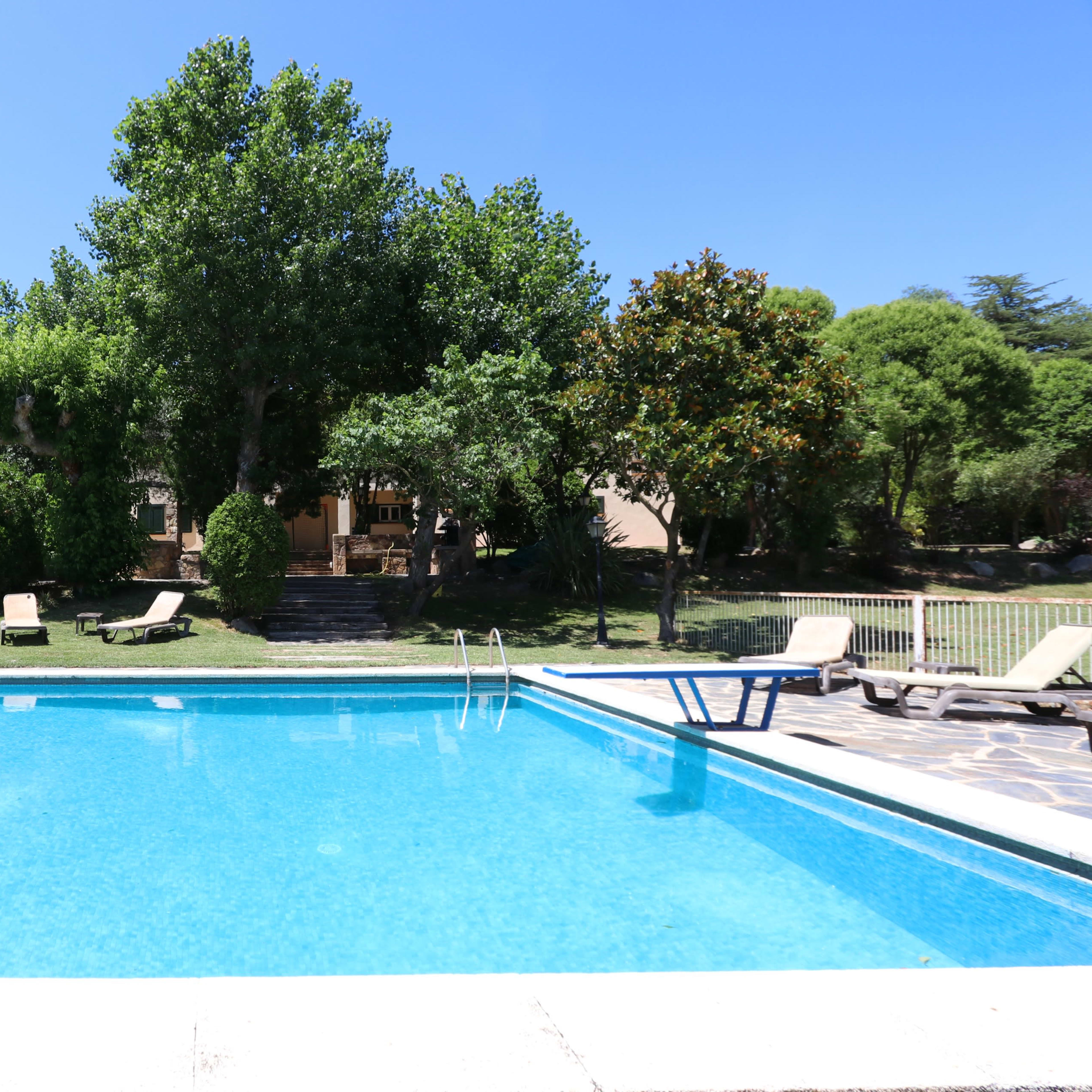 A clear swimming pool is surrounded by a grassy area and trees, with a house visible in the background.
