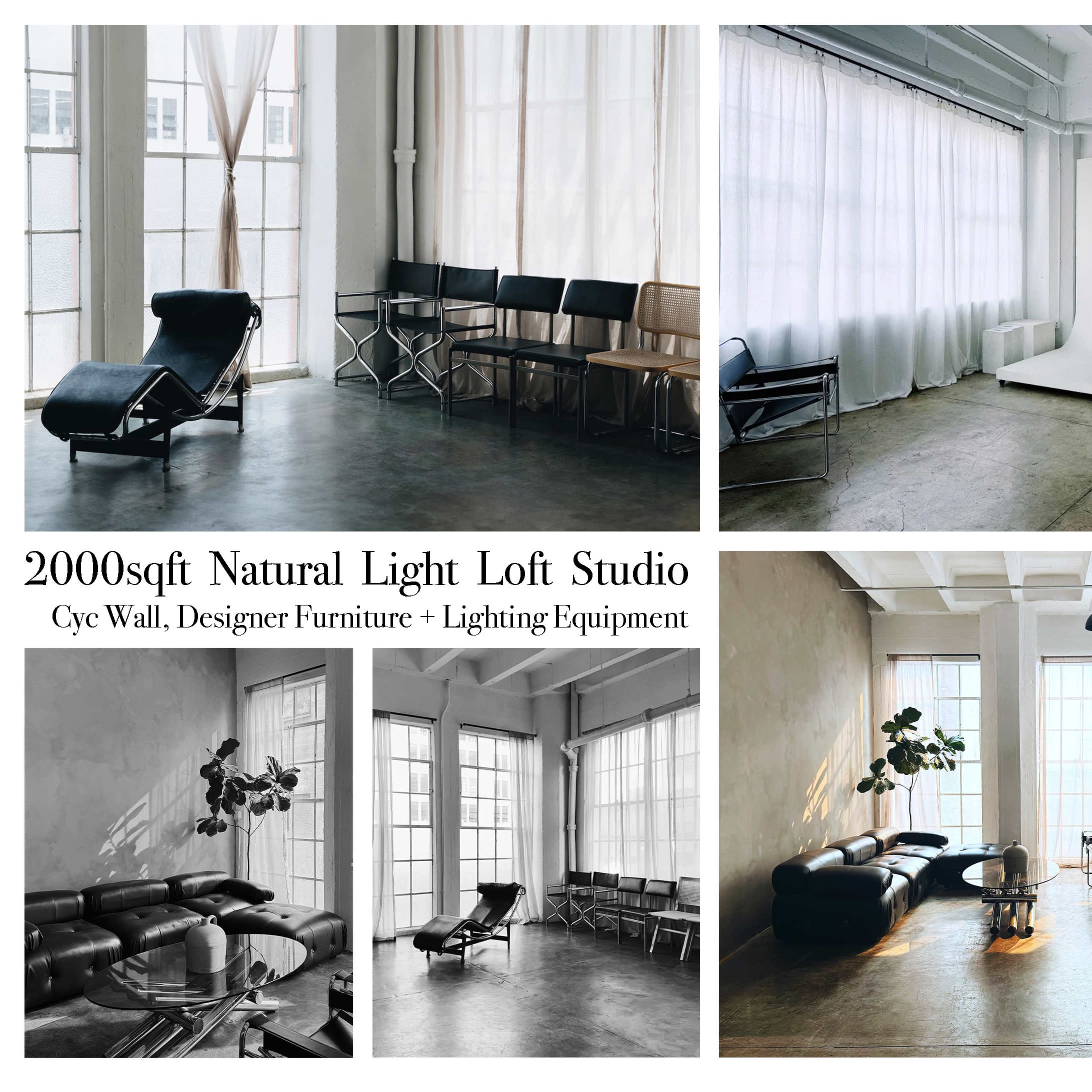 24Hr Corner Studio Loft with Limewash Concrete Wall, Cyc Wall, Designer Furniture, A/C and Lighting Eq Included Image in Central LA, Los Angeles, CA
