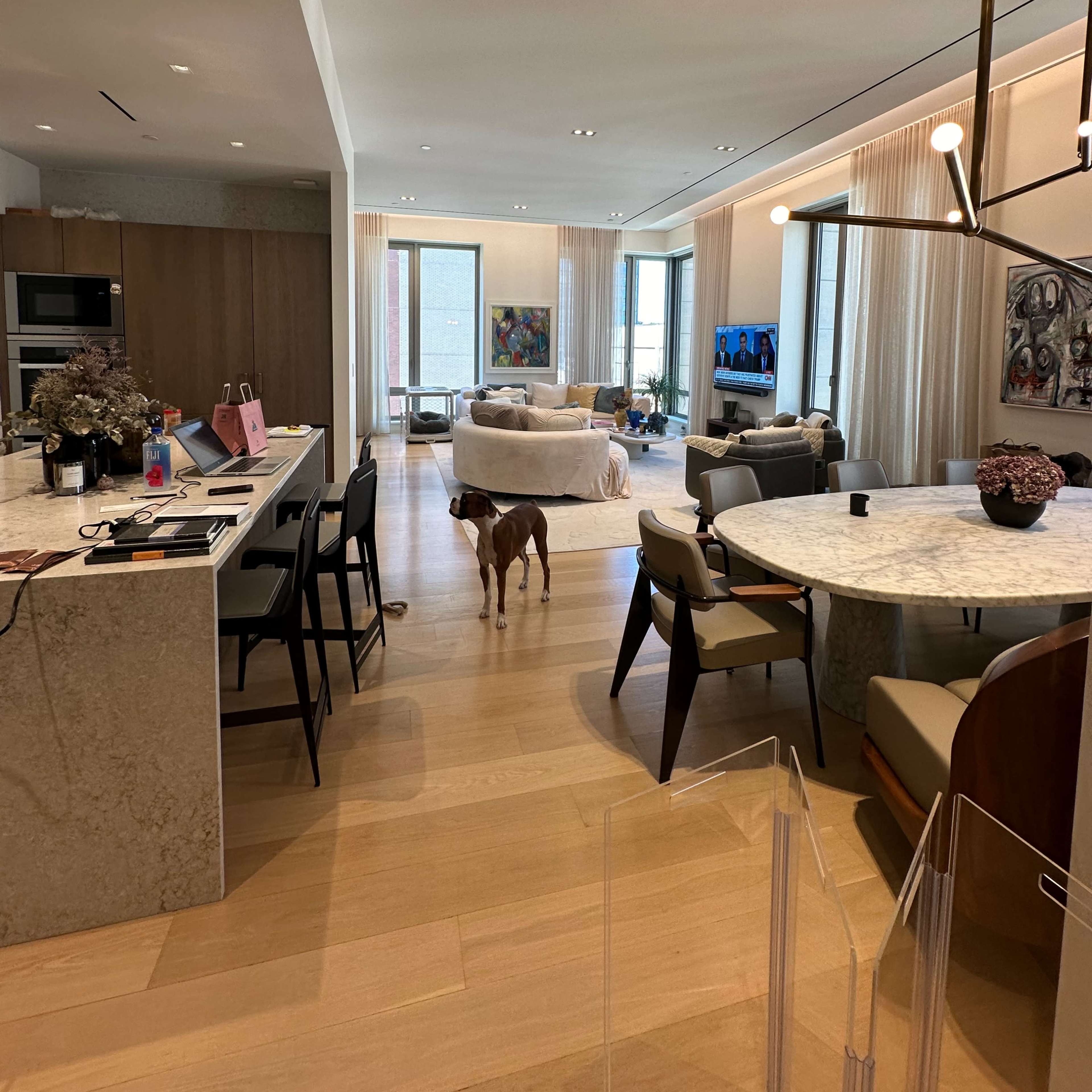 A modern open-concept living space features a dining area with a marble table, a kitchen with a large island, and a dog walking towards the living room.