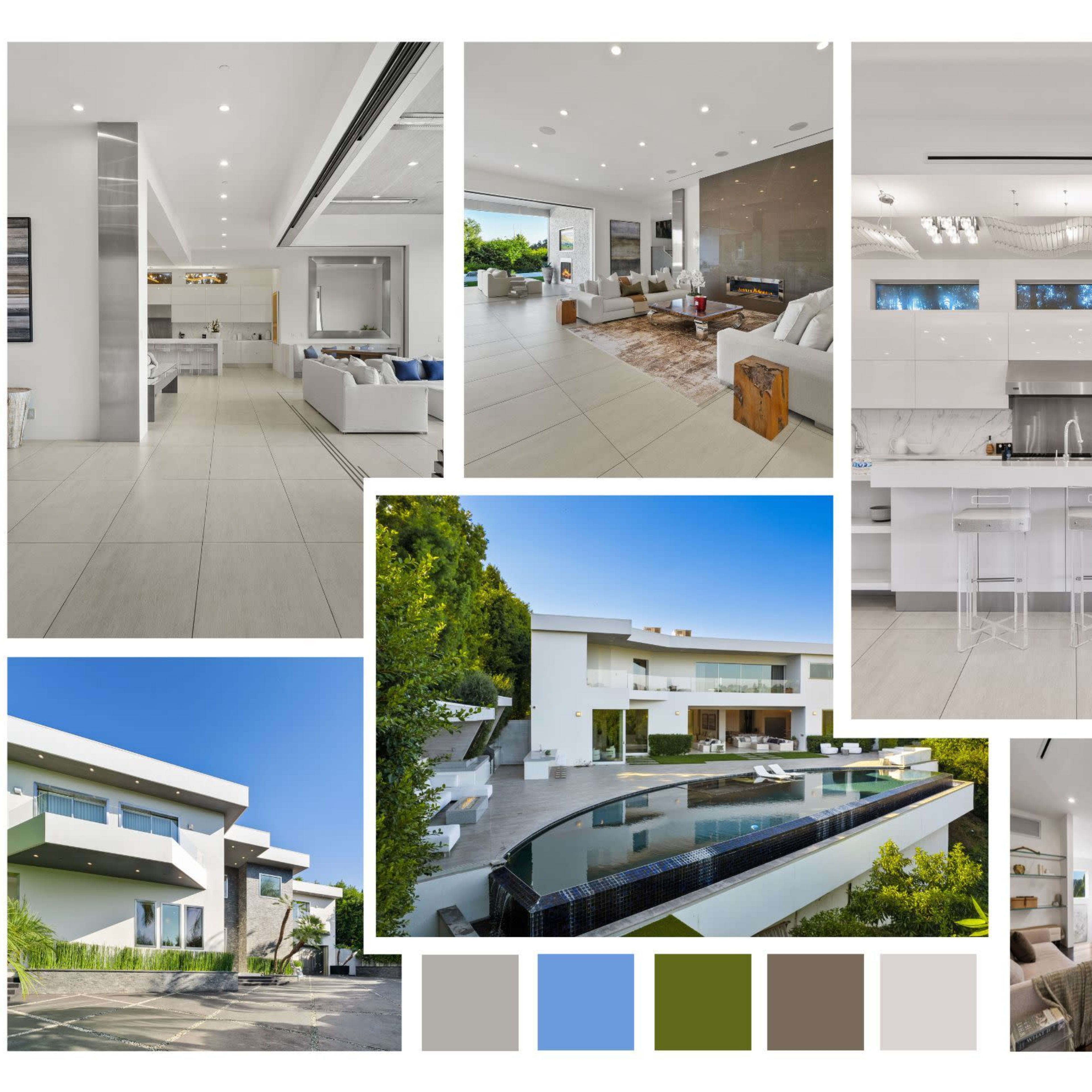 A modern, spacious home featuring an open-concept living area, a sleek kitchen with bar stools, and an outdoor pool surrounded by greenery.