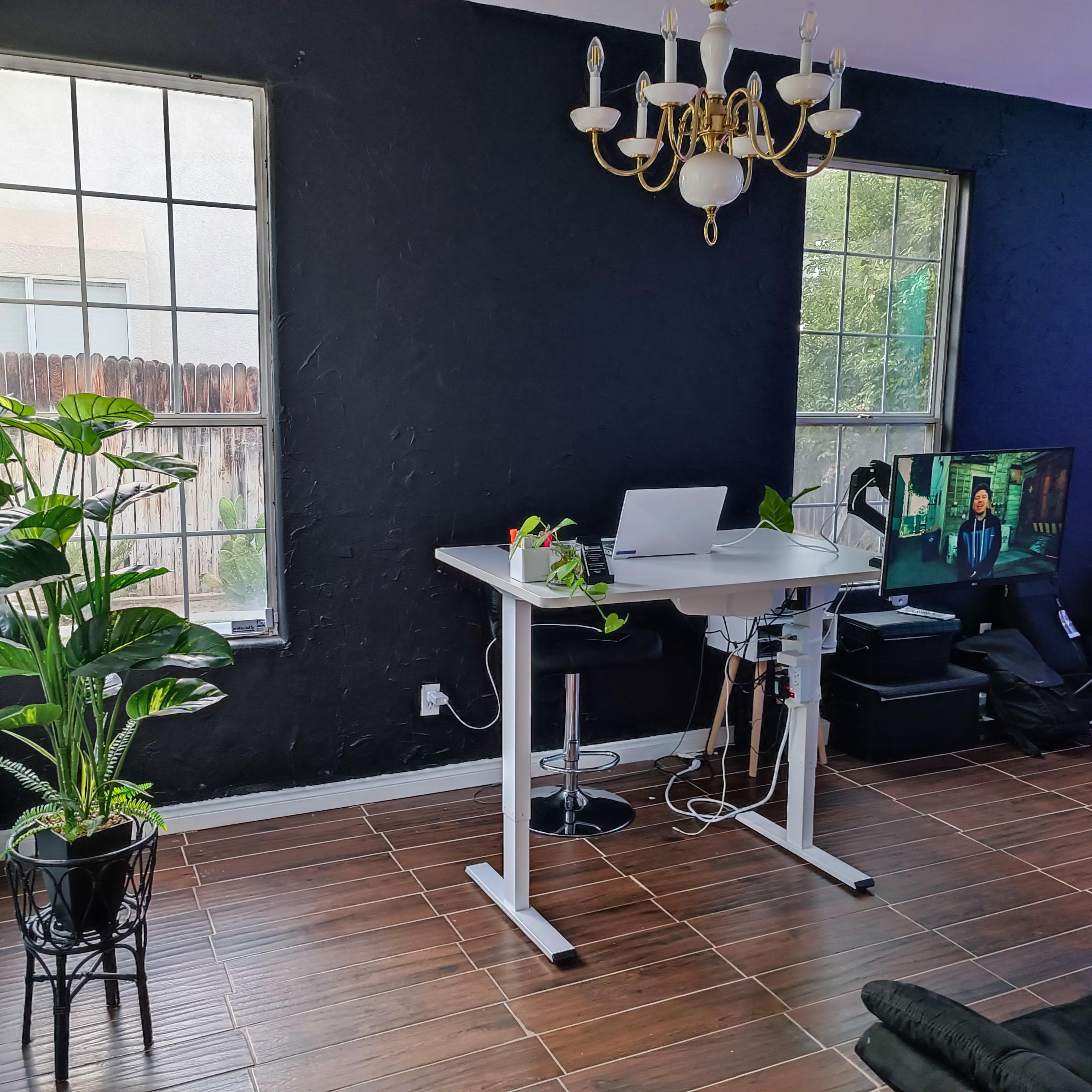 A modern workspace features a standing desk, a television, and two large windows, with a potted plant beside the desk and a black couch in the corner.