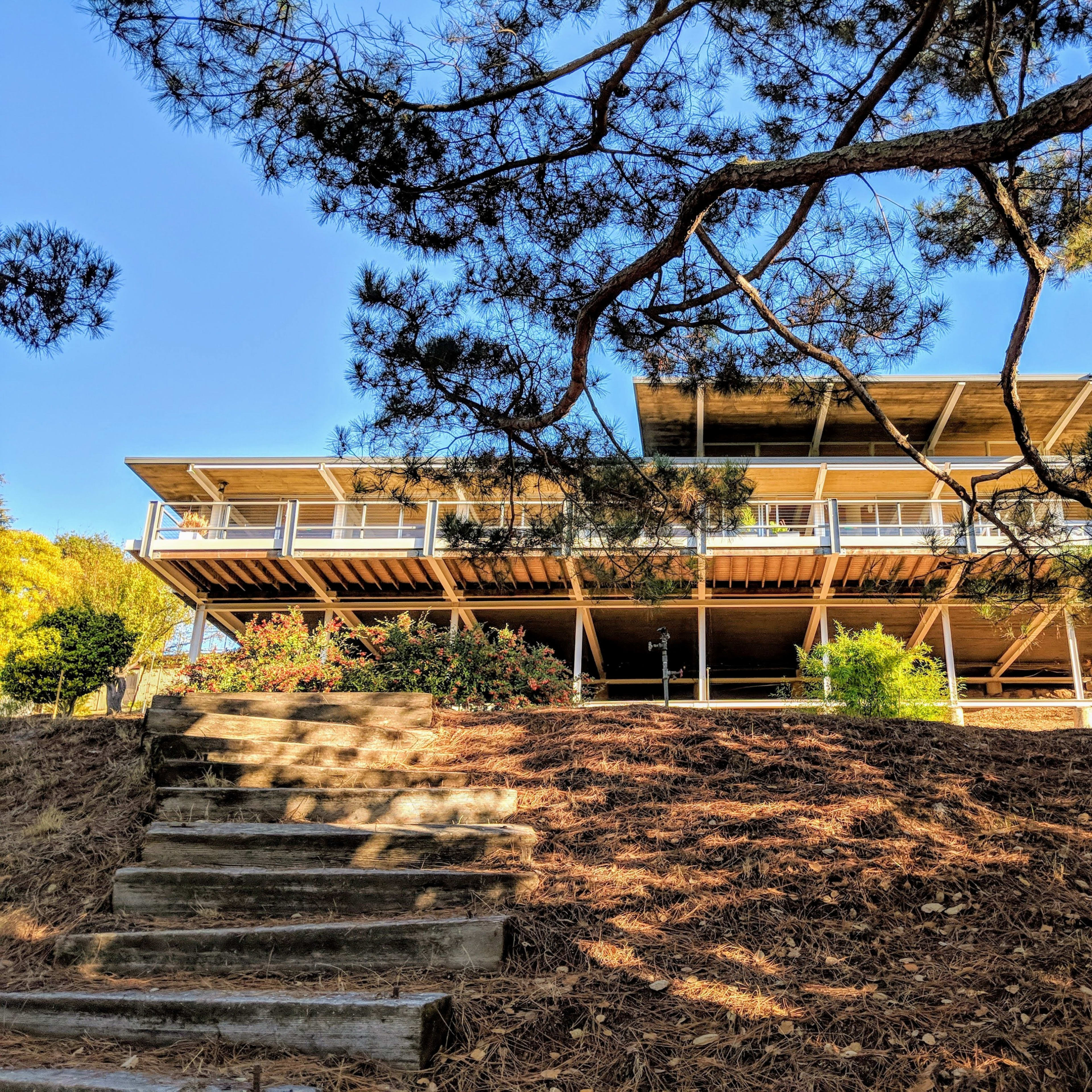 A modern two-story building with a broad deck is situated on a hillside, surrounded by trees and shrubs.