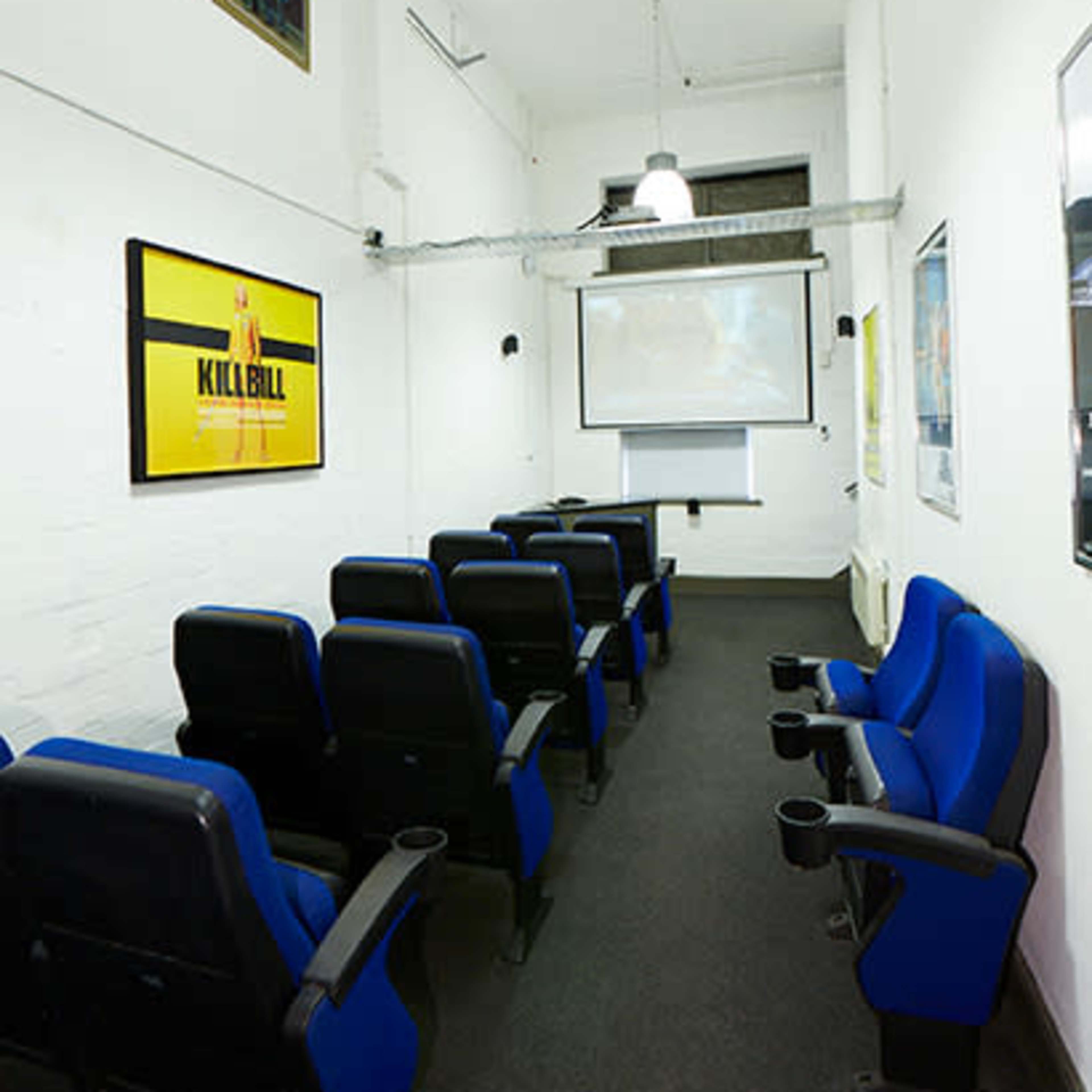 A small, dimly lit screening room with blue theater chairs facing a projection screen and movie posters on the walls.