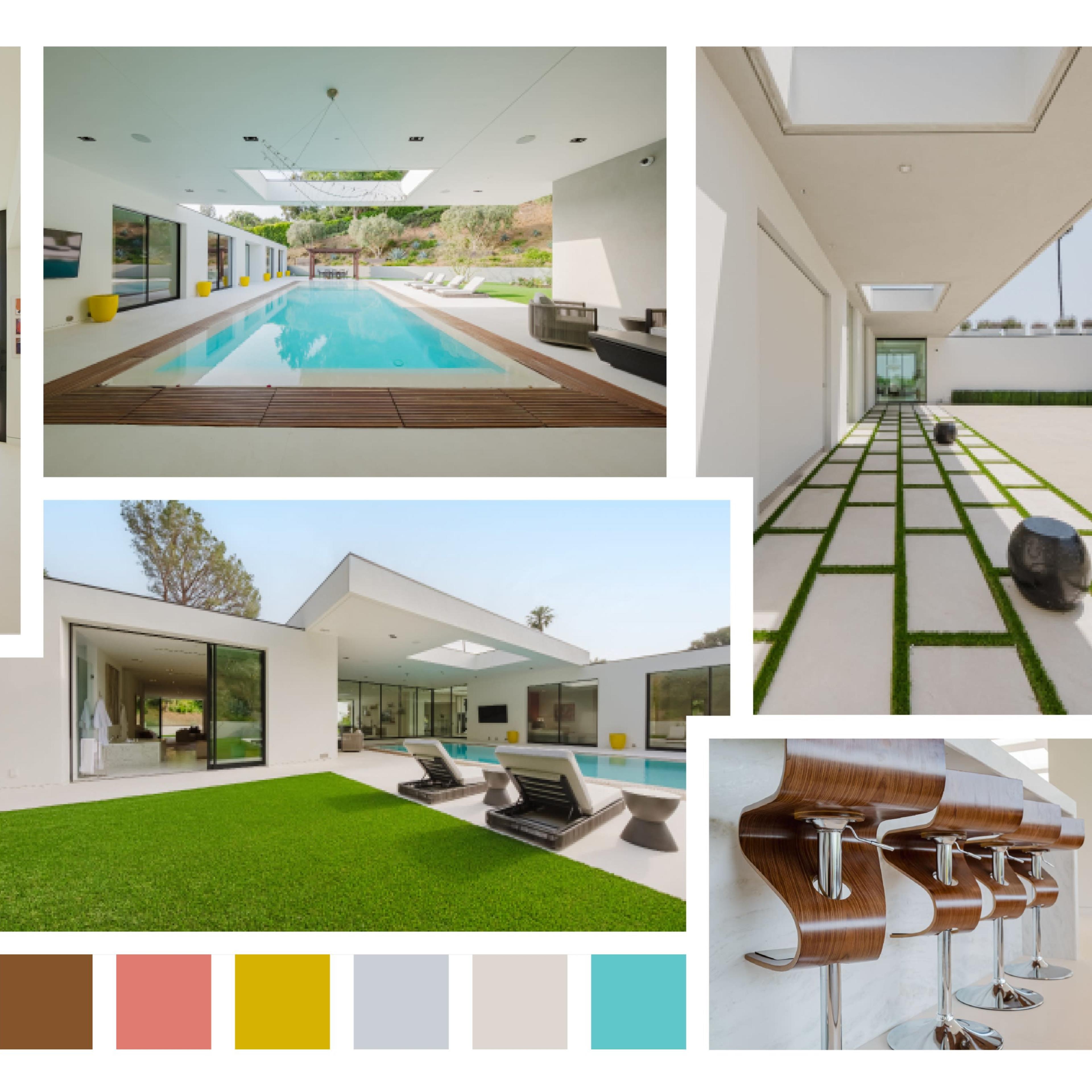 A modern home interior and exterior with a dining area, swimming pool, bedroom, and landscaped outdoor space.