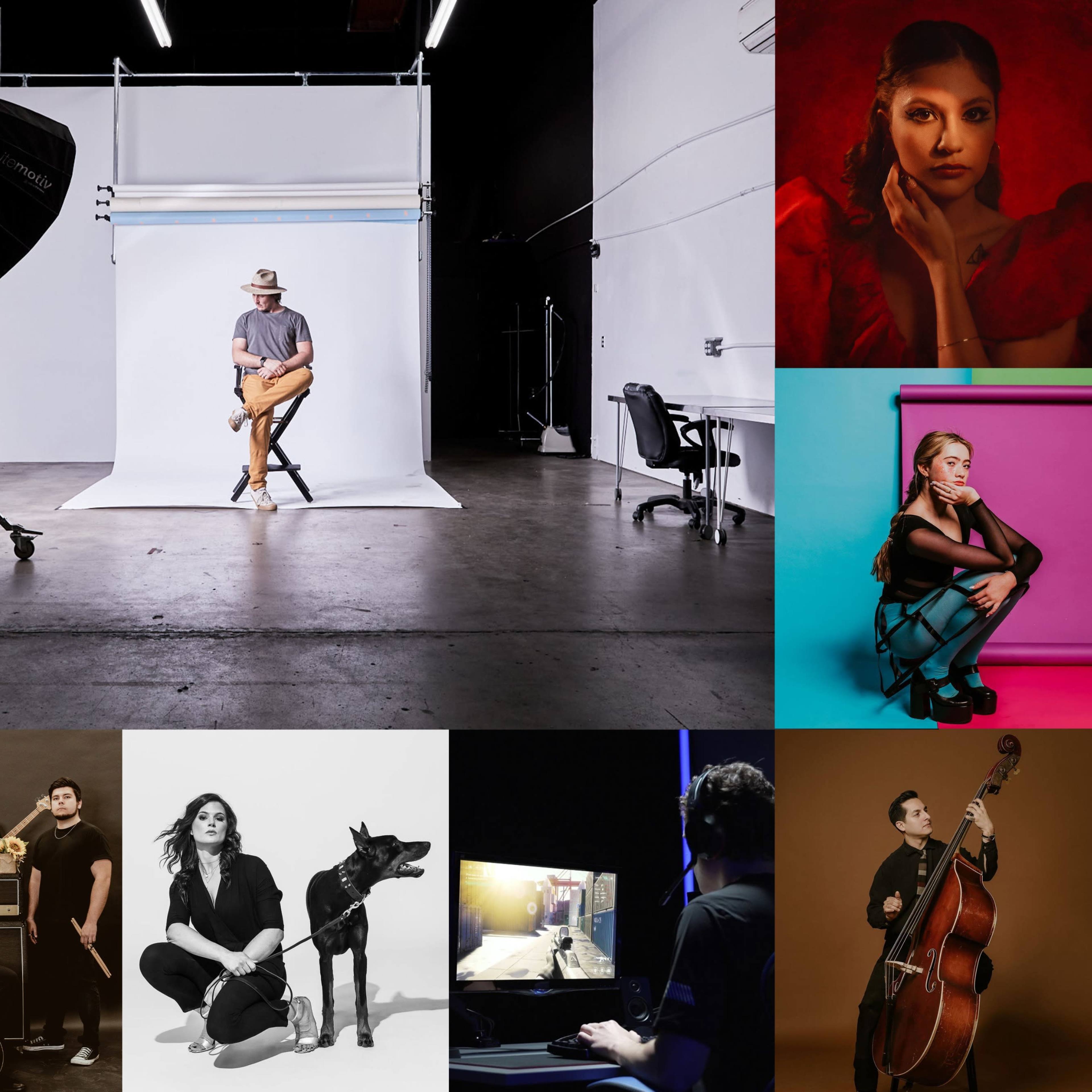 A collage of varied portraits taken in a photography studio, showcasing individuals posing against different backdrops and settings.