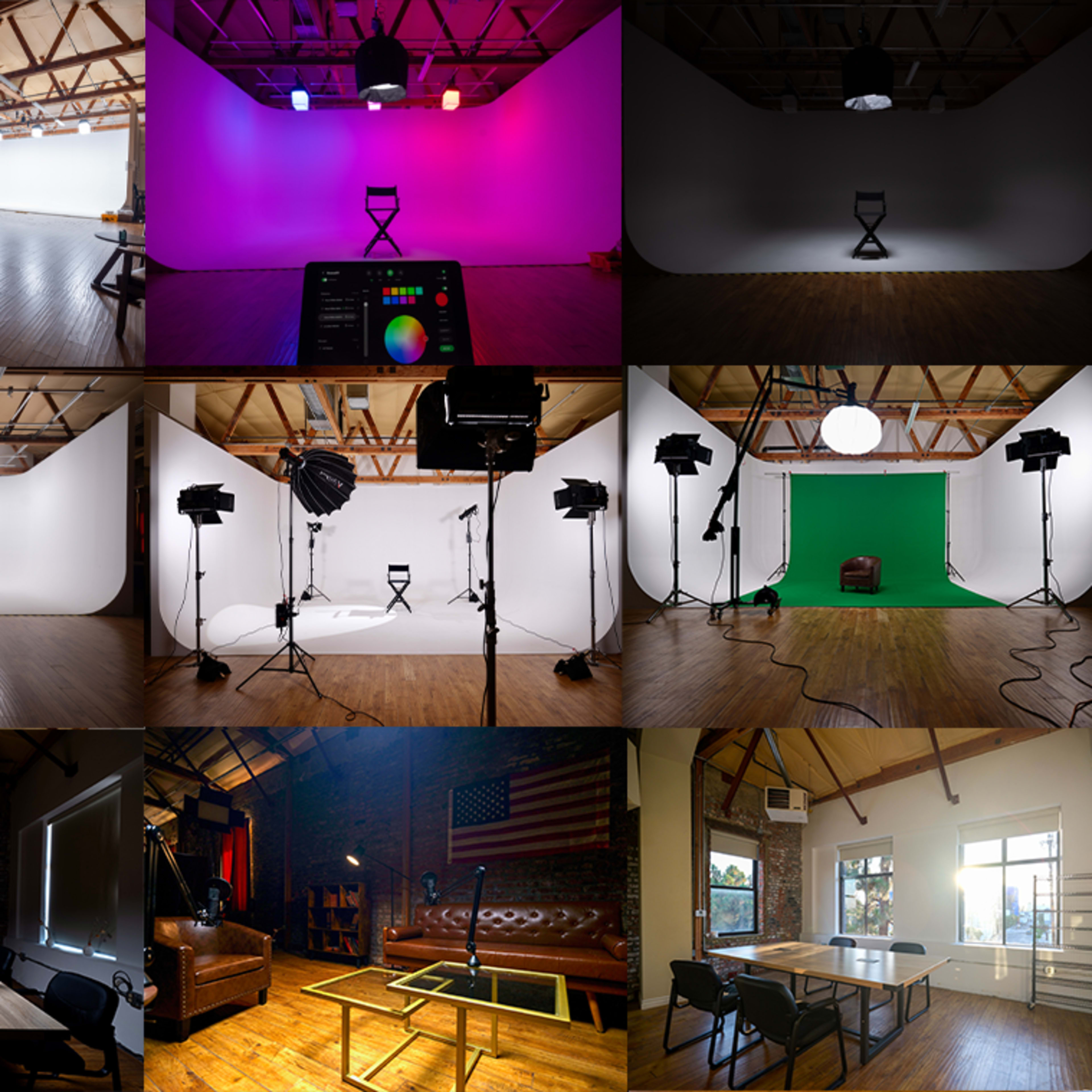Various studio setups featuring colorful backdrops and lighting arrangements in a spacious building.