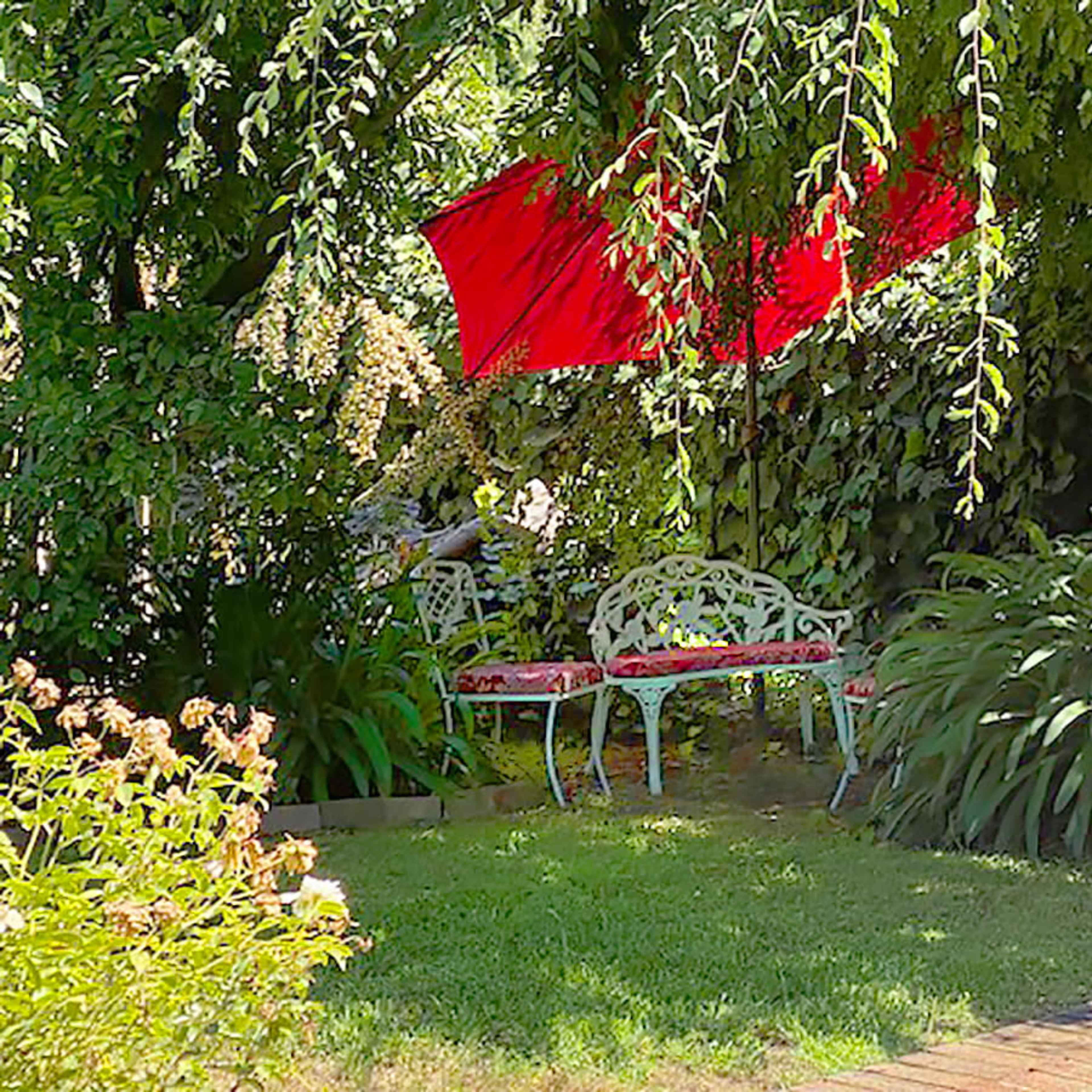 A red umbrella shades two white metal benches surrounded by lush green plants in a garden setting.