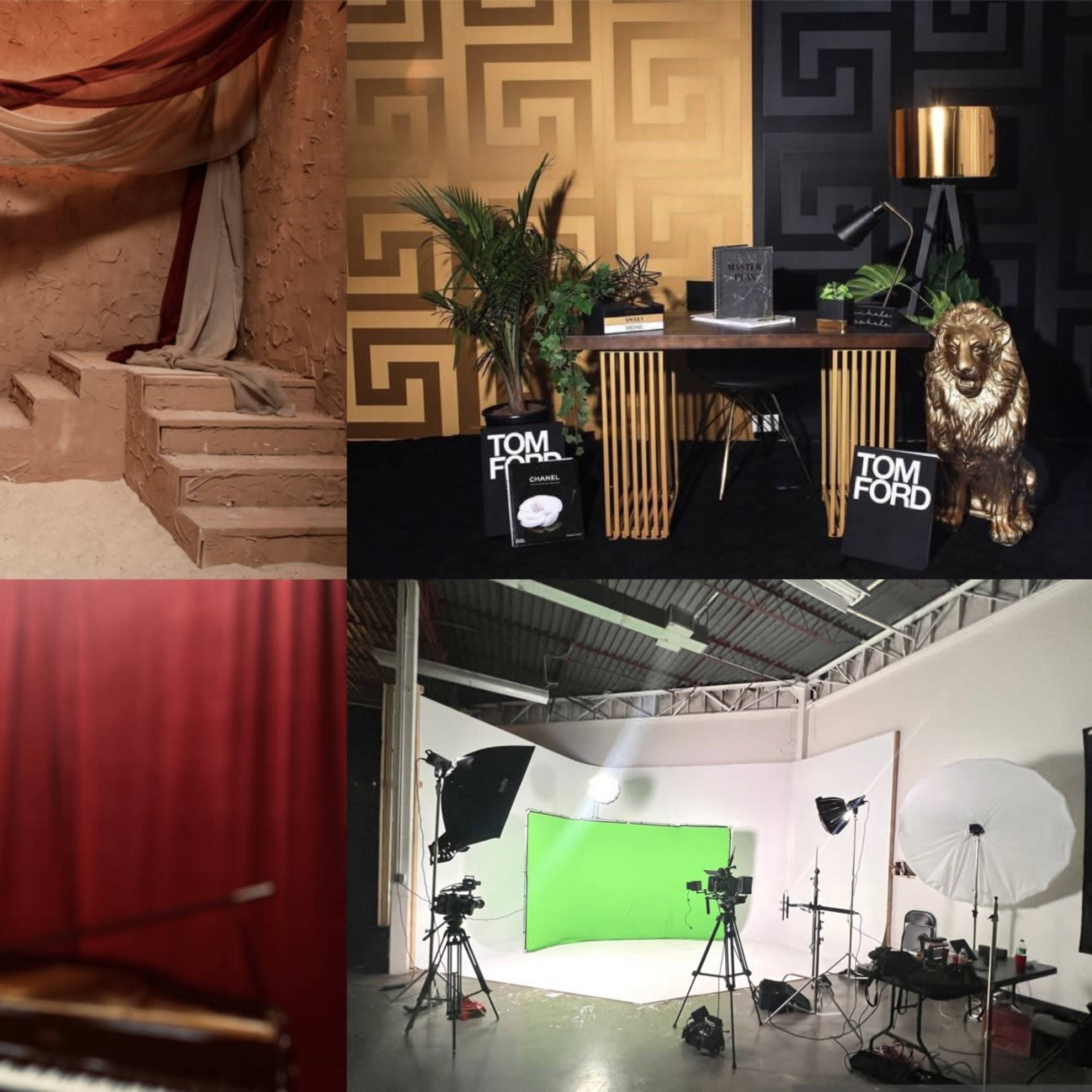 Four distinct scenes: a warm-toned stage with stairs and fabric drapery, a stylish setup featuring a Tom Ford display and a lion sculpture, a close-up of a vintage microphone and piano, and a studio space with lights and a green backdrop.