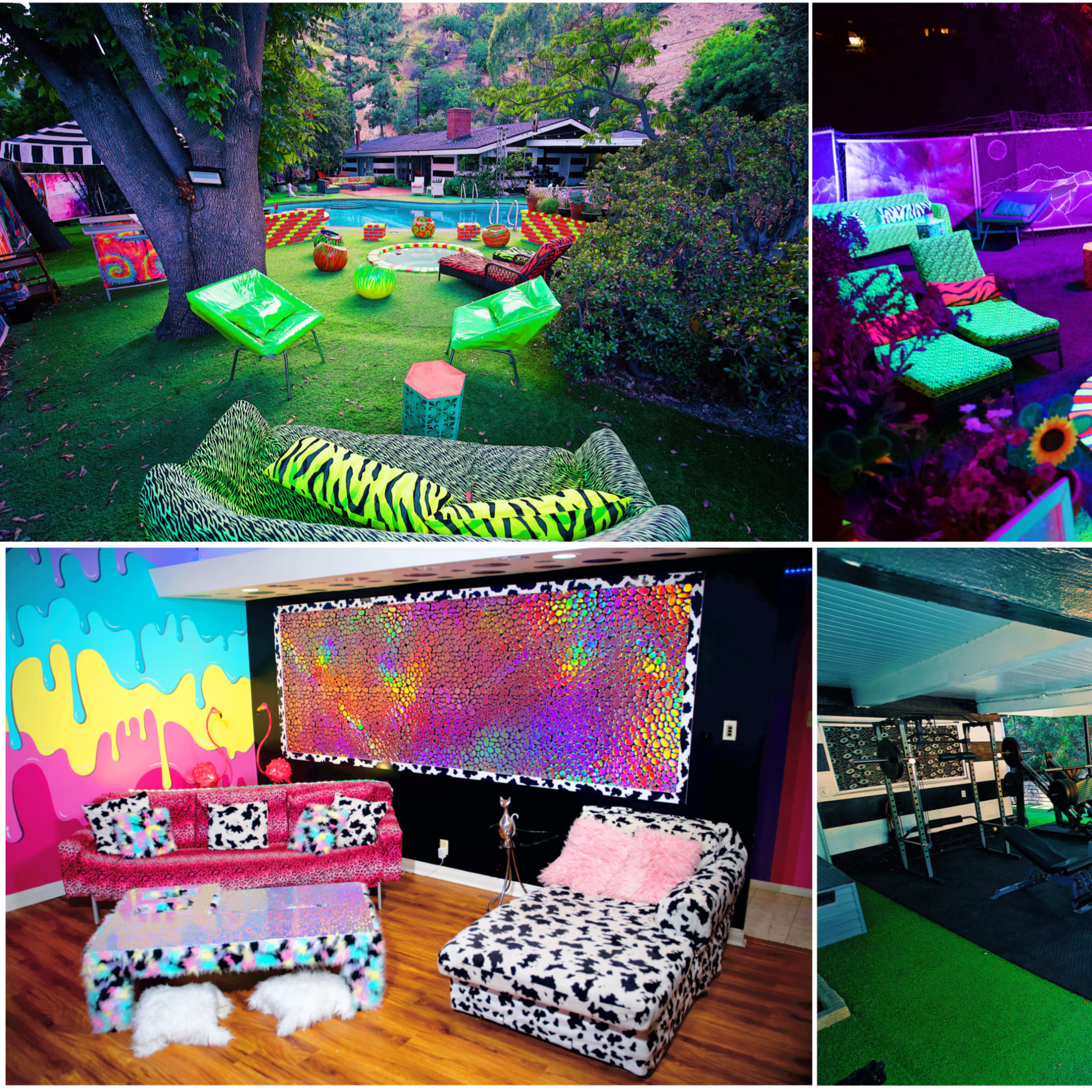 A vibrant outdoor and indoor space featuring colorful, neon-themed furniture, a glowing pool area, and a workout space with exercise equipment.