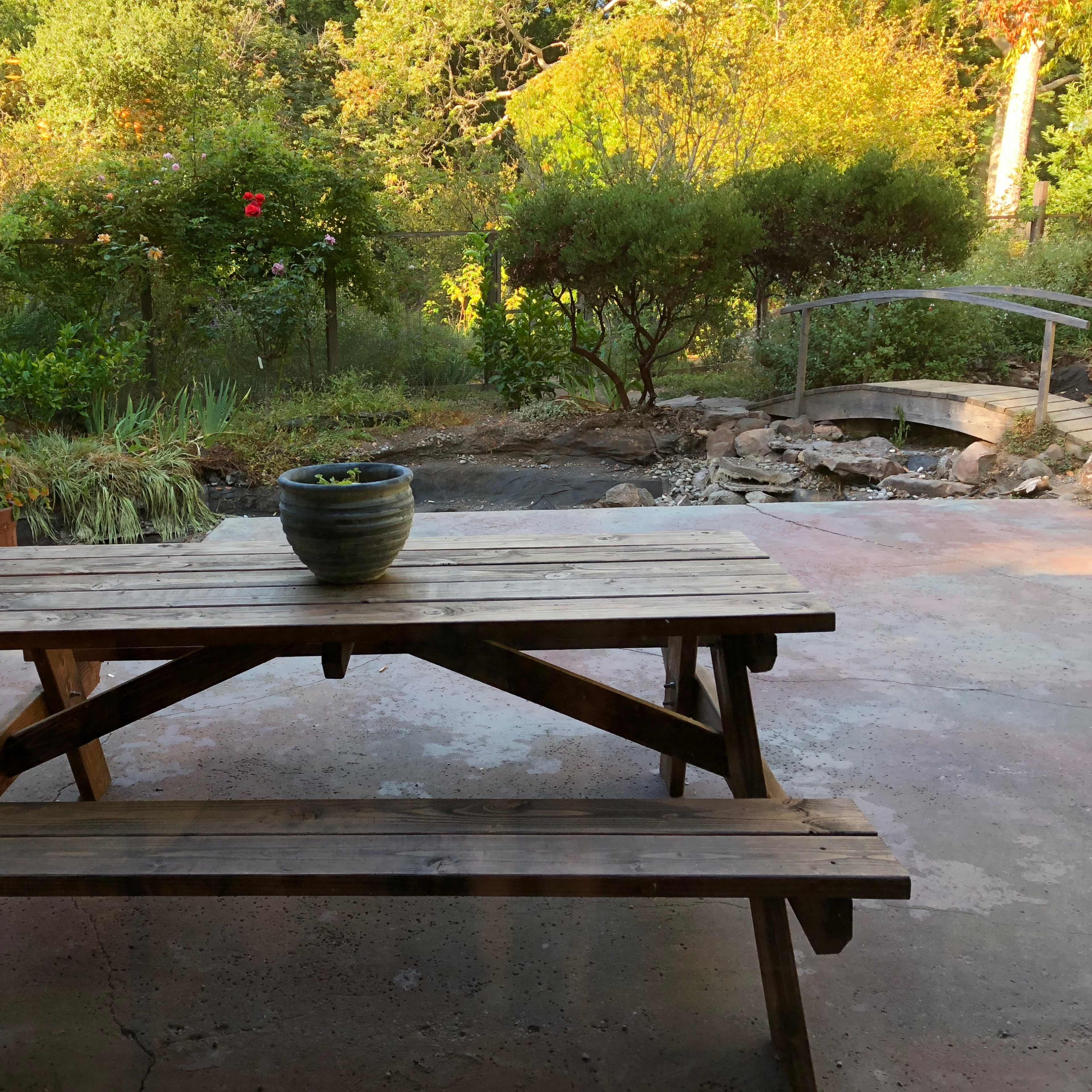A wooden picnic table with a planter sits on a concrete patio overlooking a garden with a stream and a small bridge.