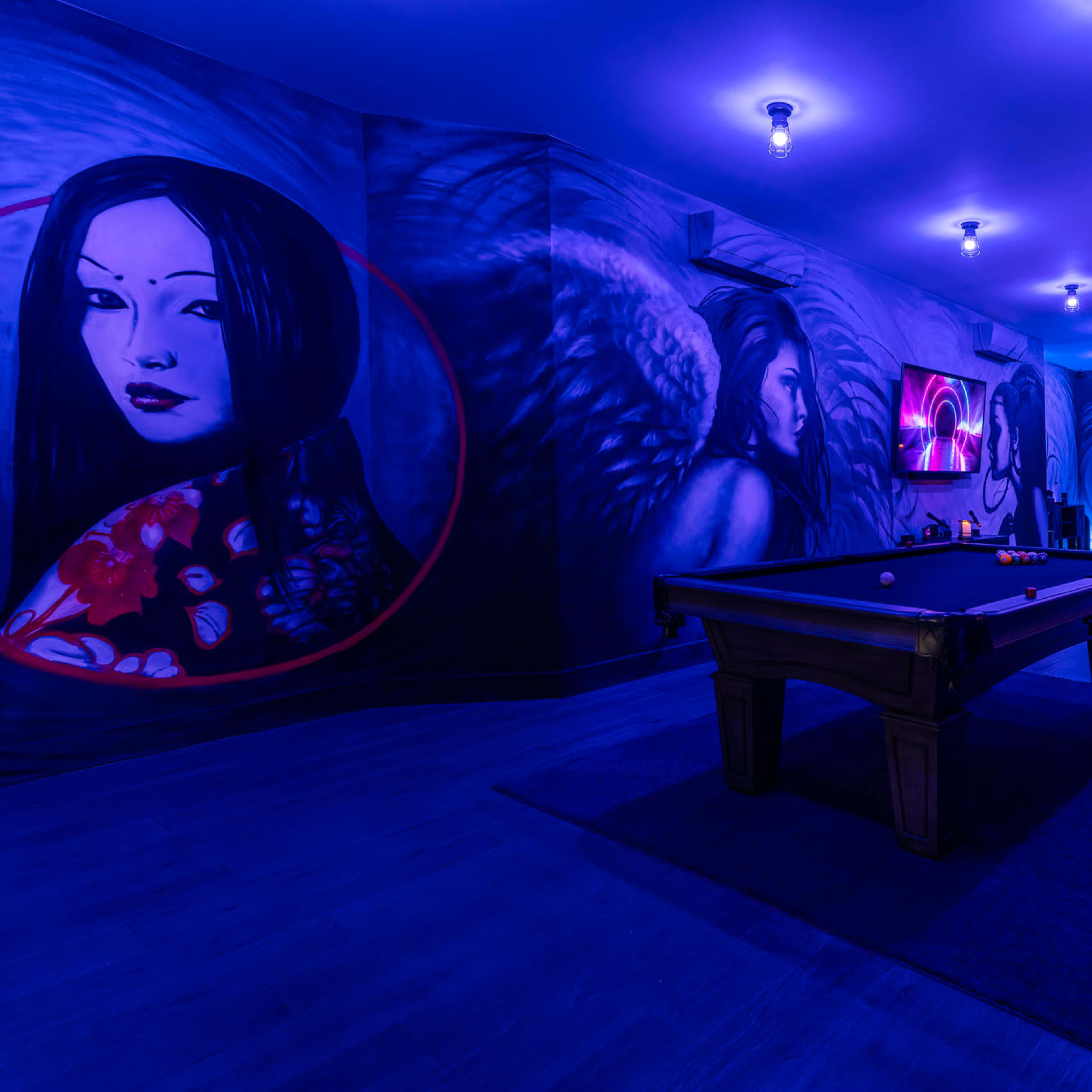 A dimly lit room featuring a pool table surrounded by murals of women with an artistic and colorful design.