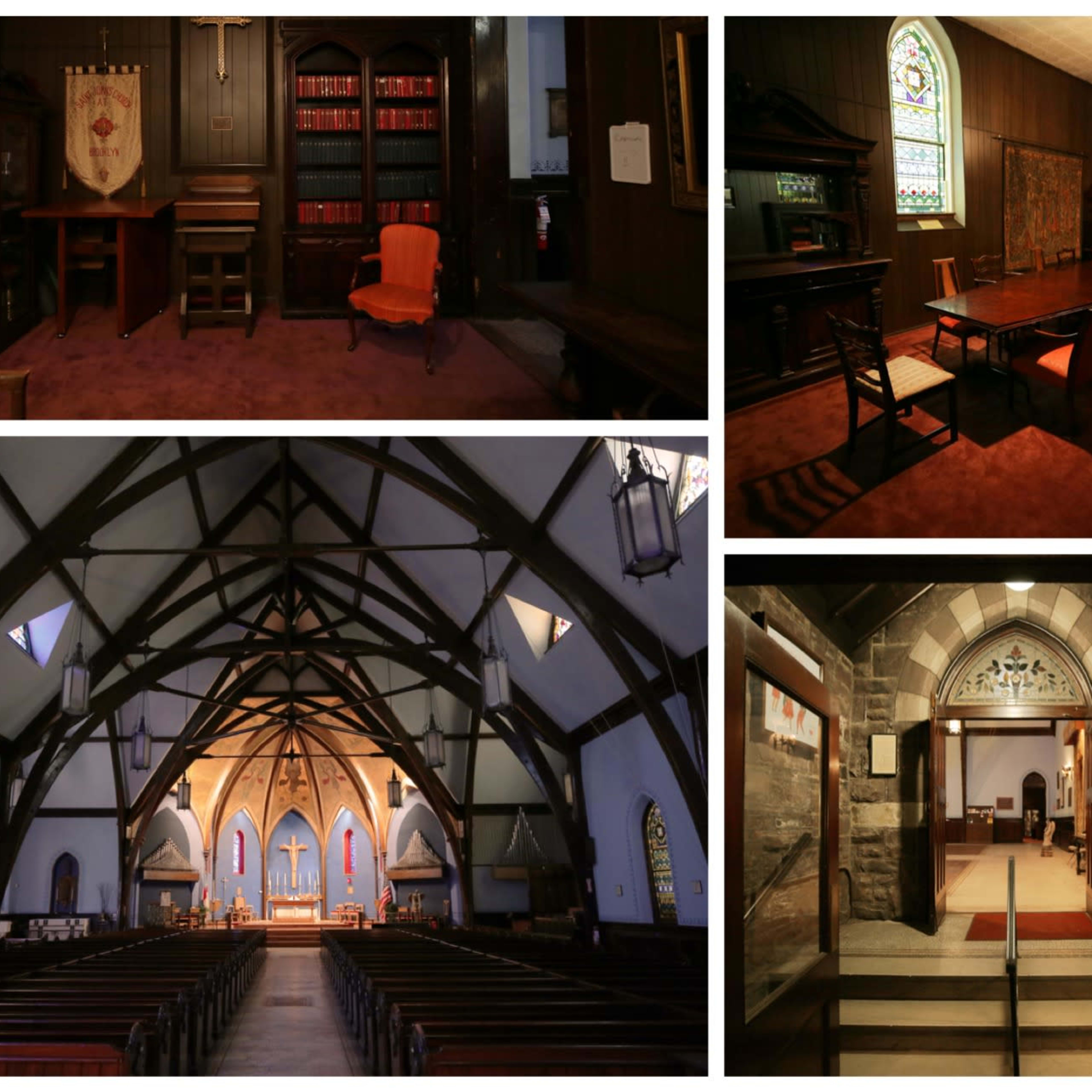 A collage of a church interior, including a chapel with stained glass windows, a reading room, a gathering space with a table, and an entrance hall.