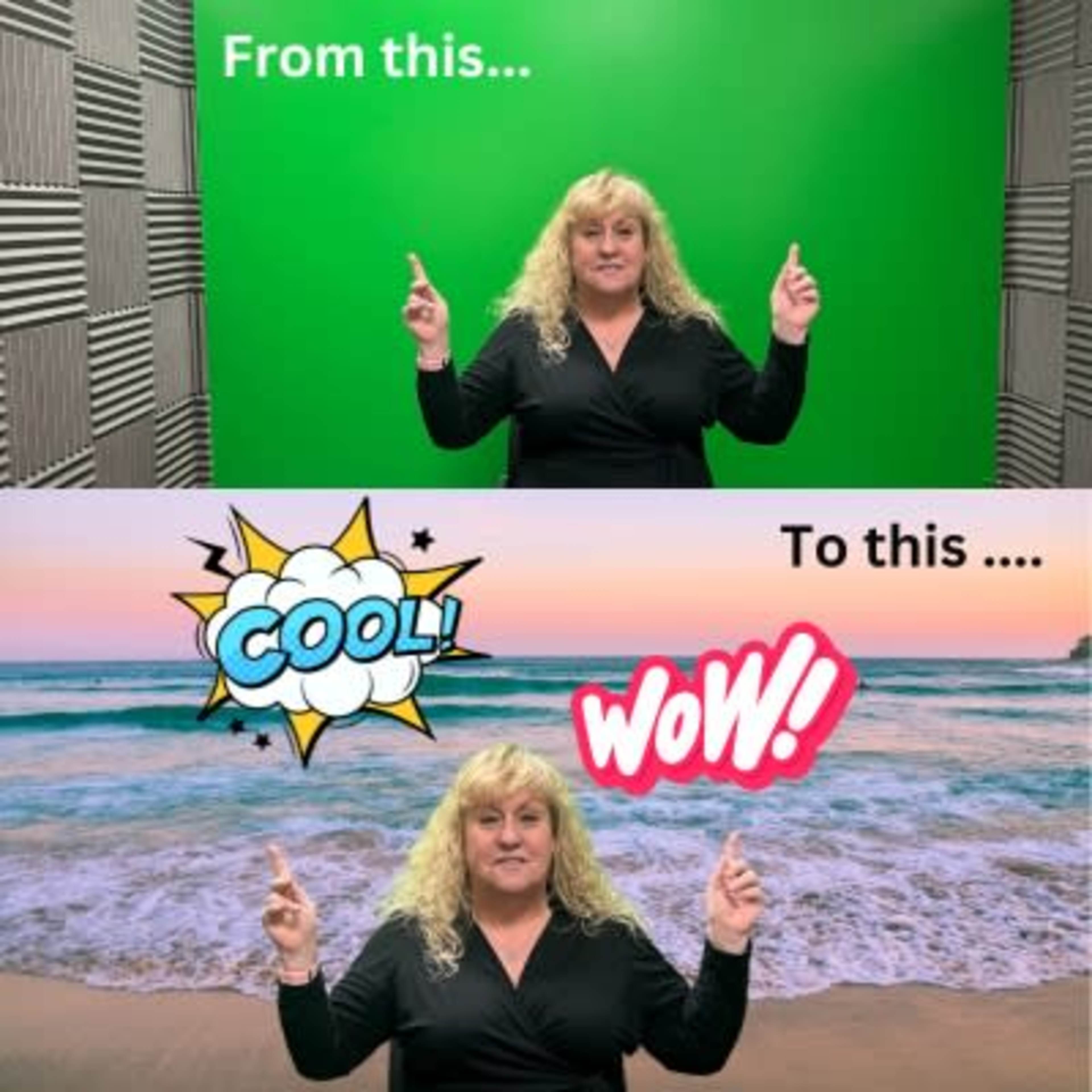 A woman pointing upwards in front of a green screen, with a transformation graphic depicting a beach scene above and the words "COOL!" and "WOW!" prominently displayed.