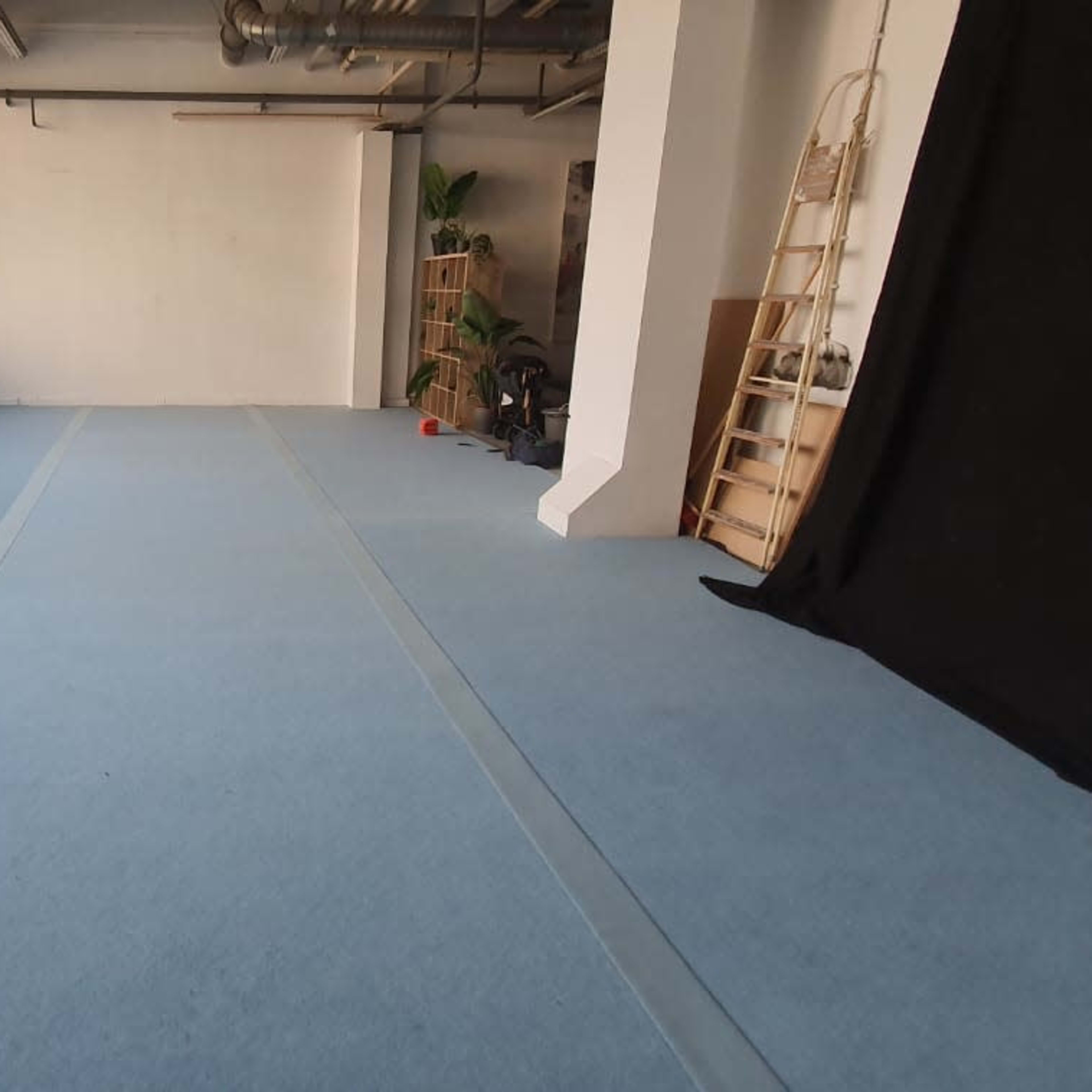 A spacious, empty room with blue carpet, large windows allowing light in, and a black curtain on one side.