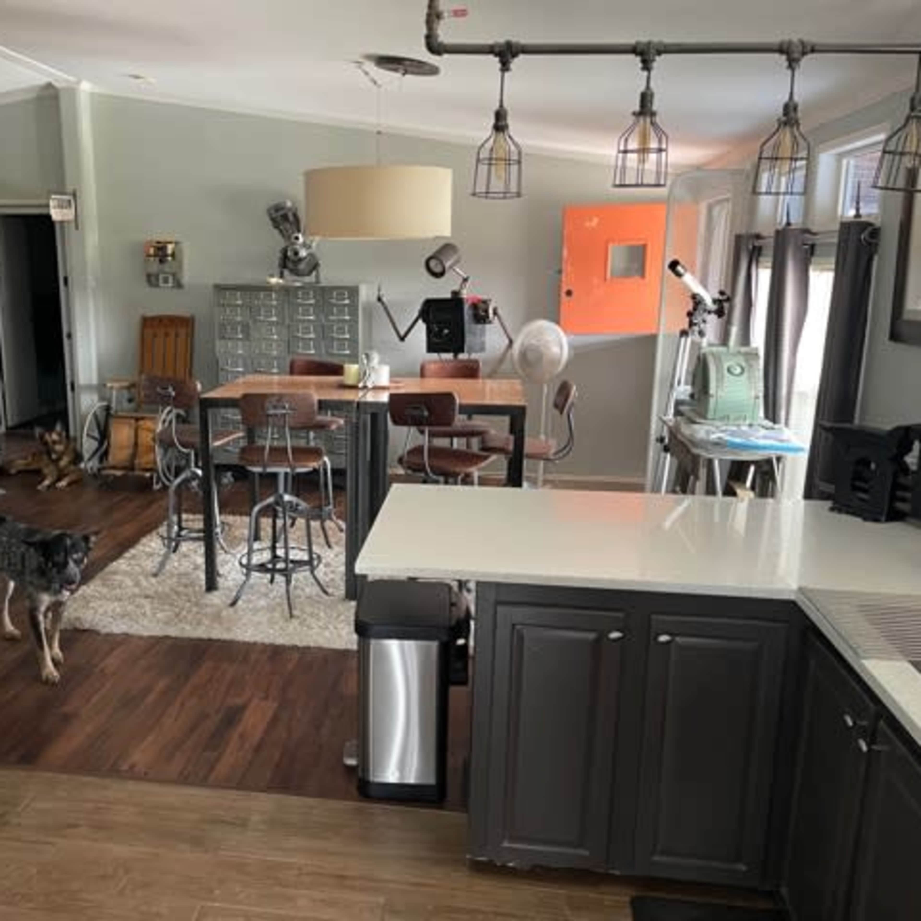 A modern kitchen and dining area with gray cabinets, a large island, and a dining table surrounded by stools, along with a dog on the floor.