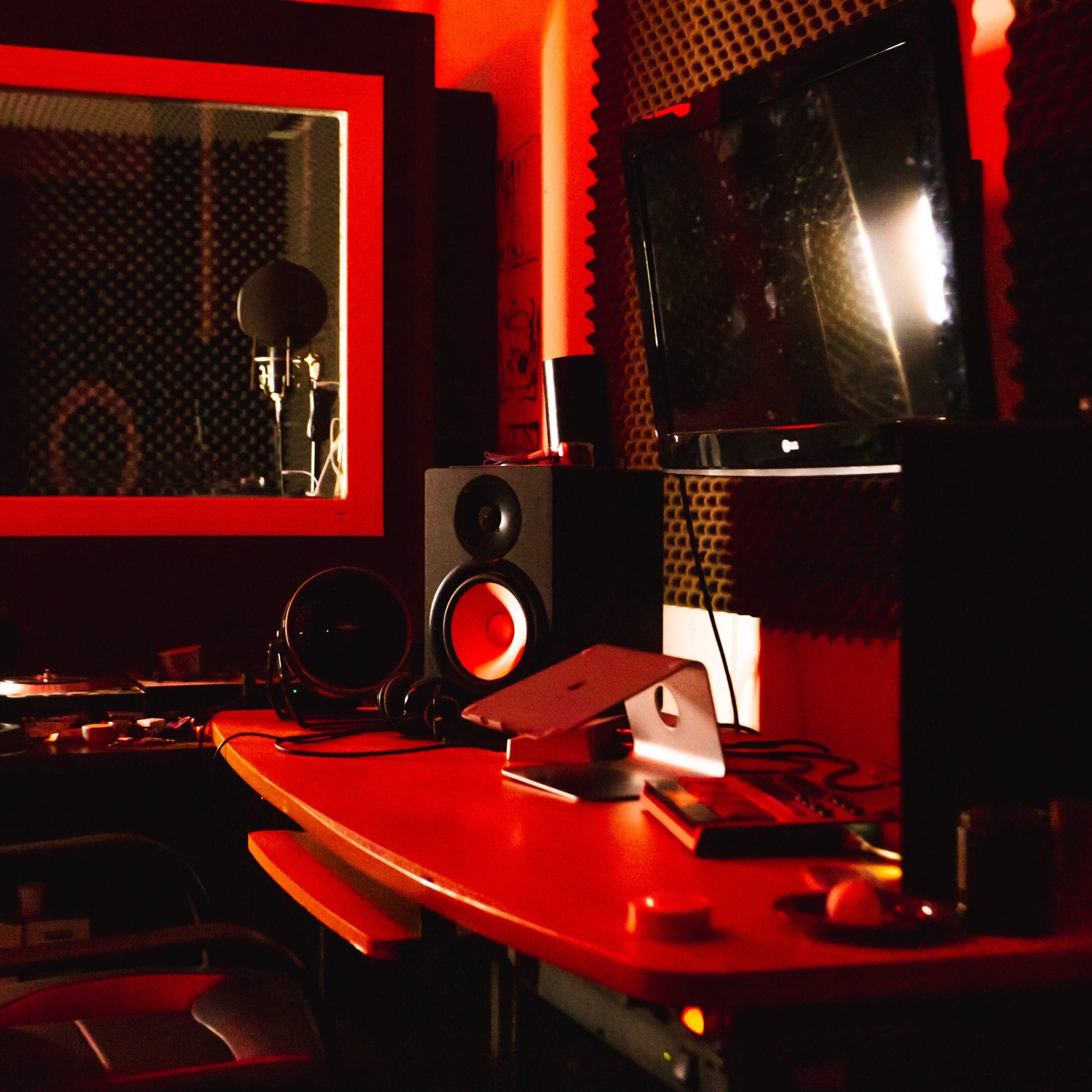 A recording studio equipped with soundproof panels, a microphone, a television, and a desk with audio equipment.