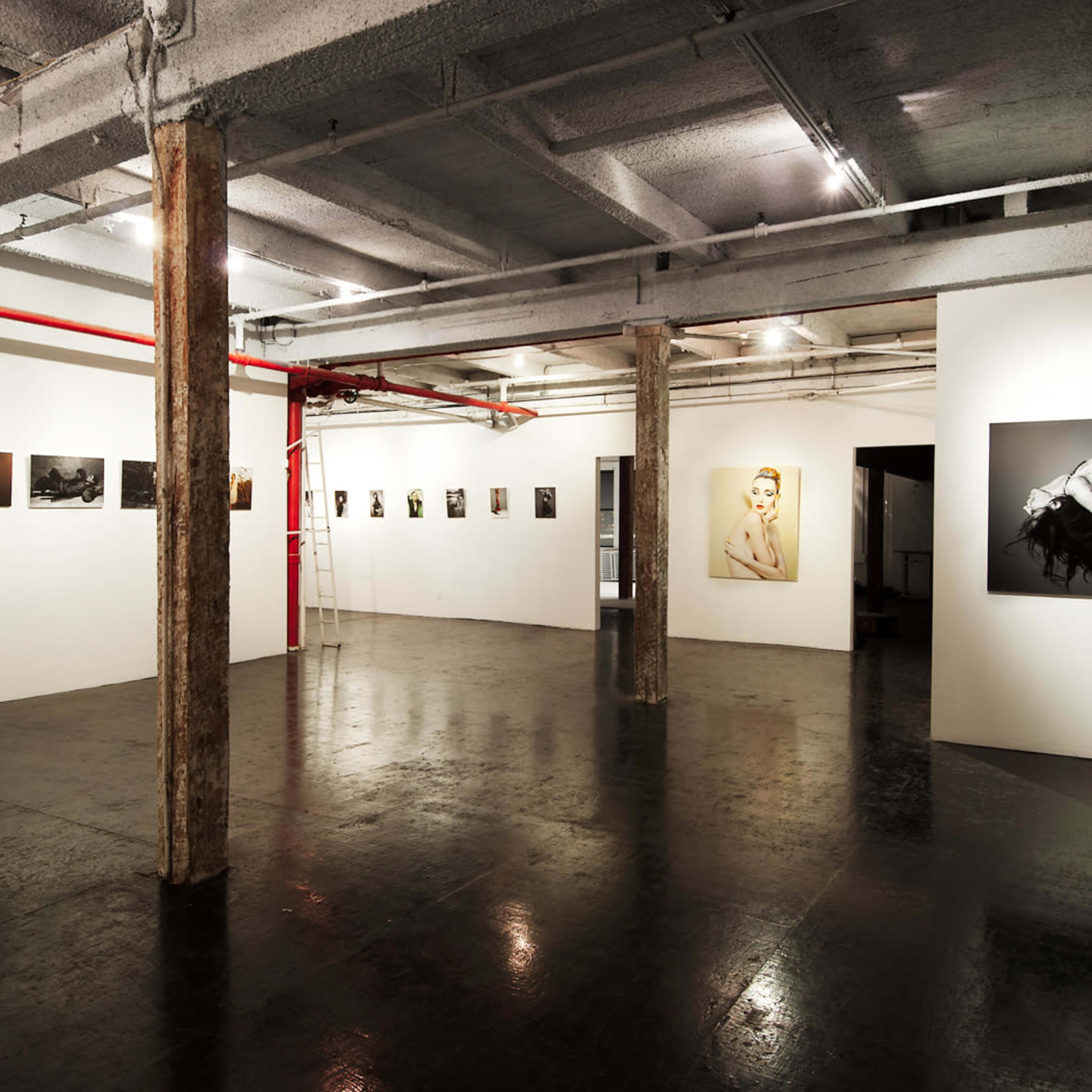 An art gallery with various framed photographs displayed on the walls and a polished dark floor.