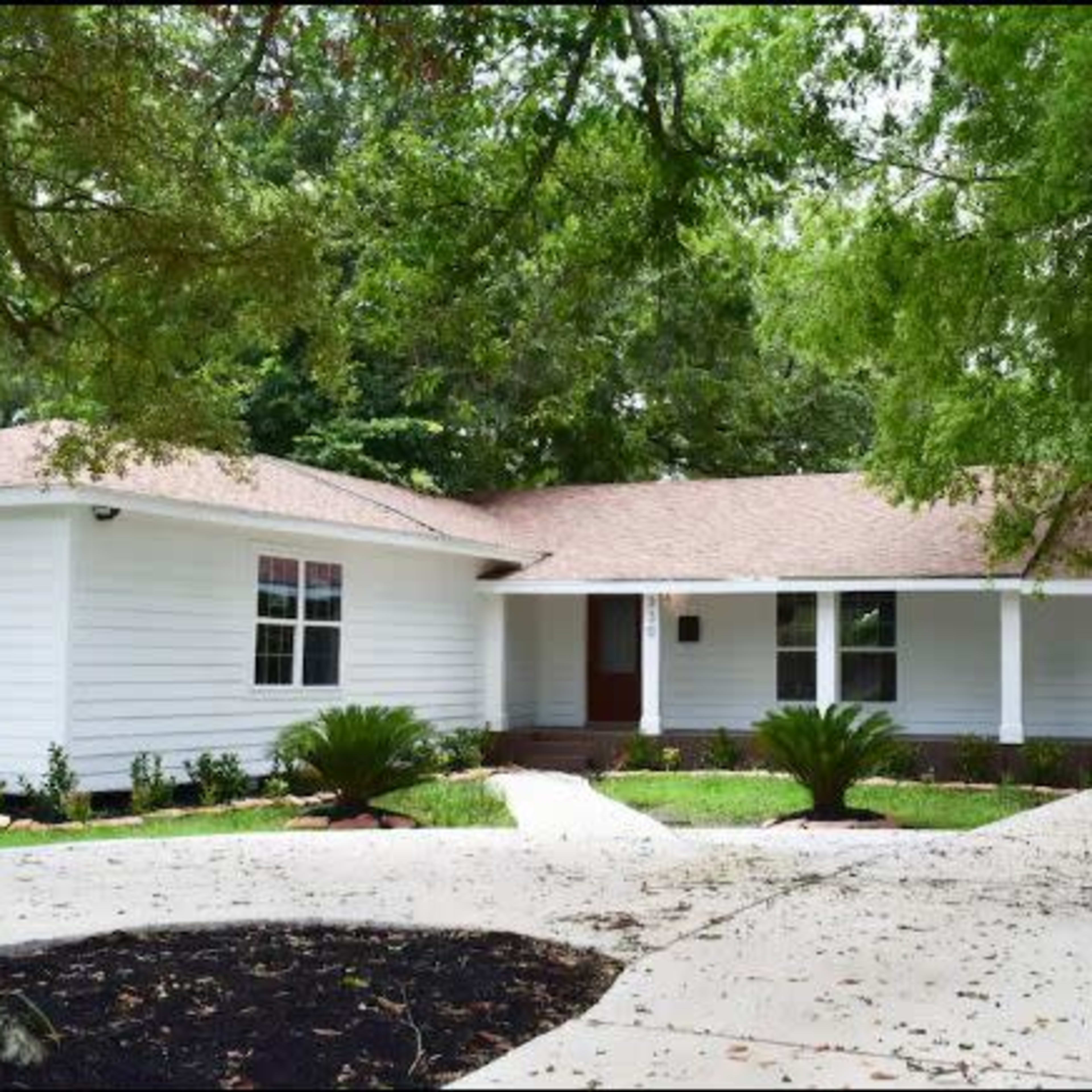 A single-story white house with a brown roof sits on a landscaped front yard featuring palm plants and a paved driveway.