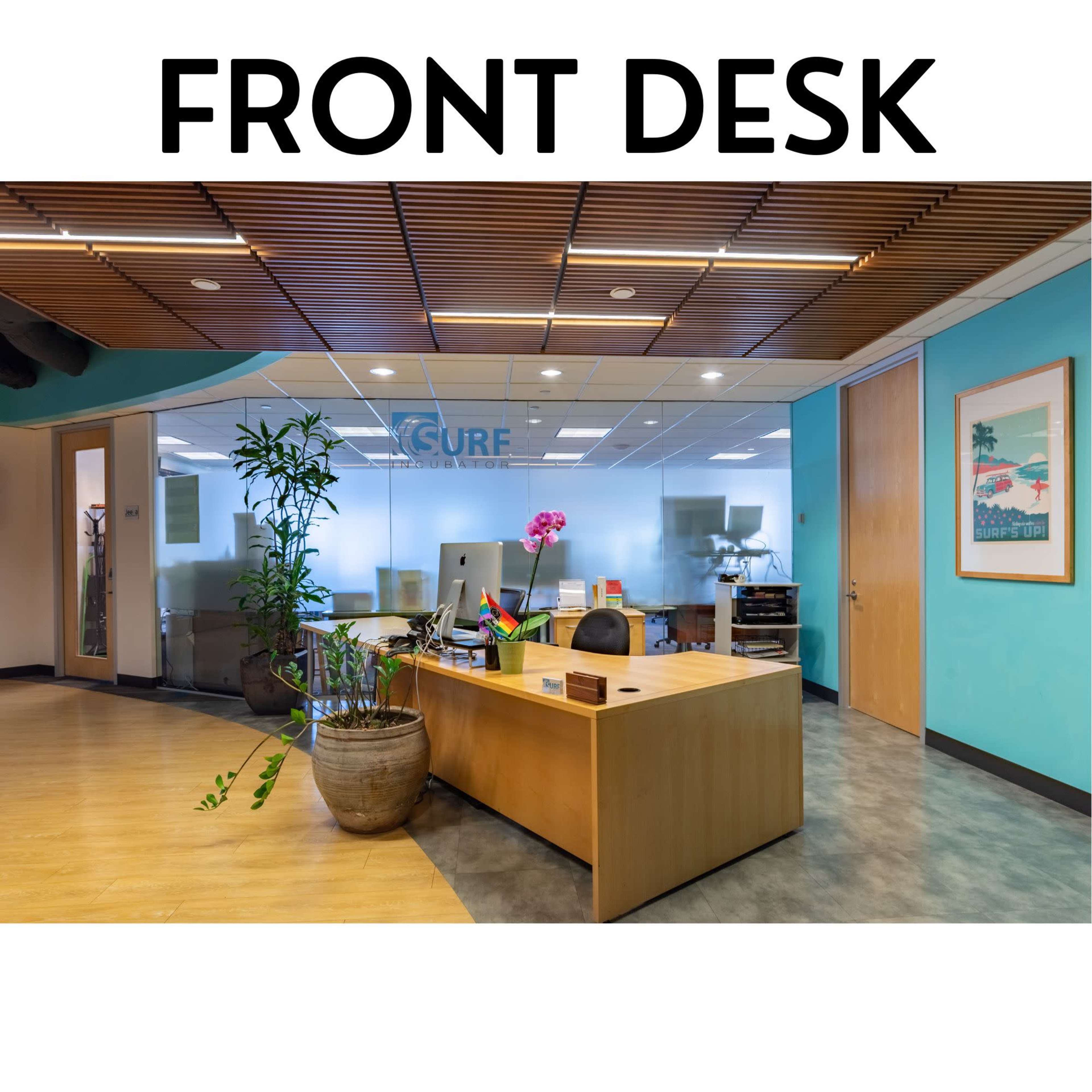 A modern front desk area in an office, featuring a wooden reception desk with a computer and plants, against a backdrop of glass walls and colorful decor.