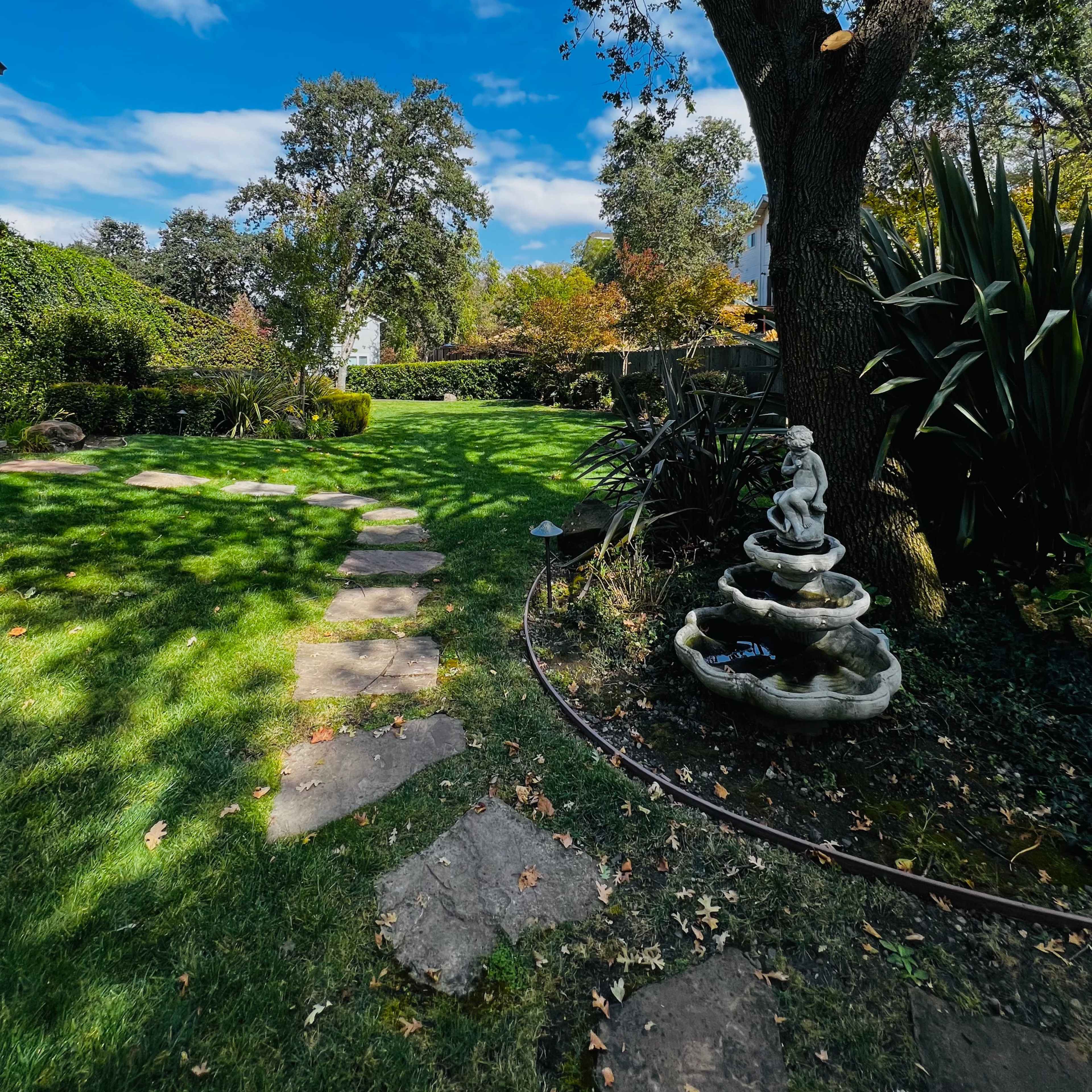 A stone path leads through a grassy garden area with a fountain and large trees under a blue sky.