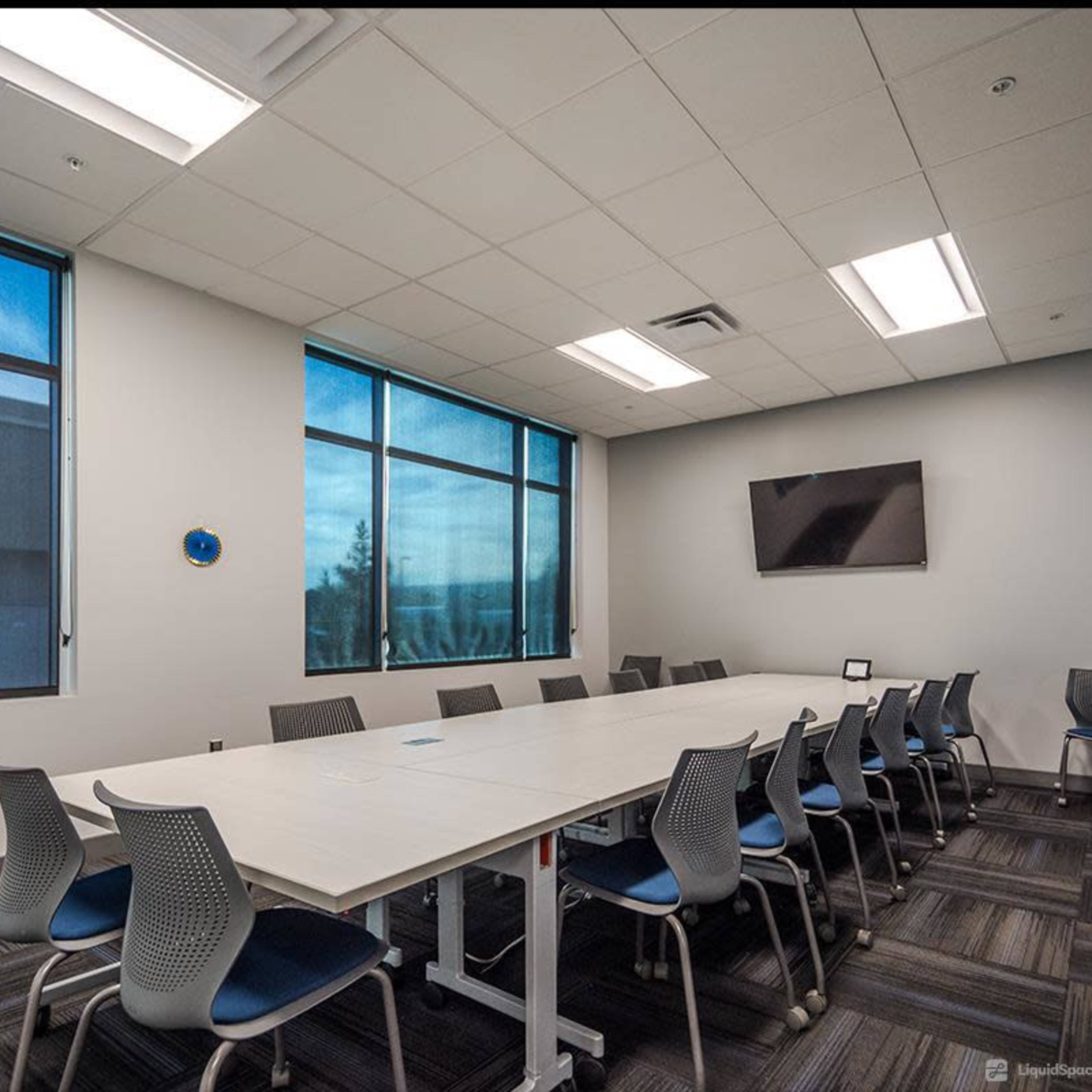 A conference room features a long table surrounded by chairs, large windows providing natural light, and a wall-mounted television.