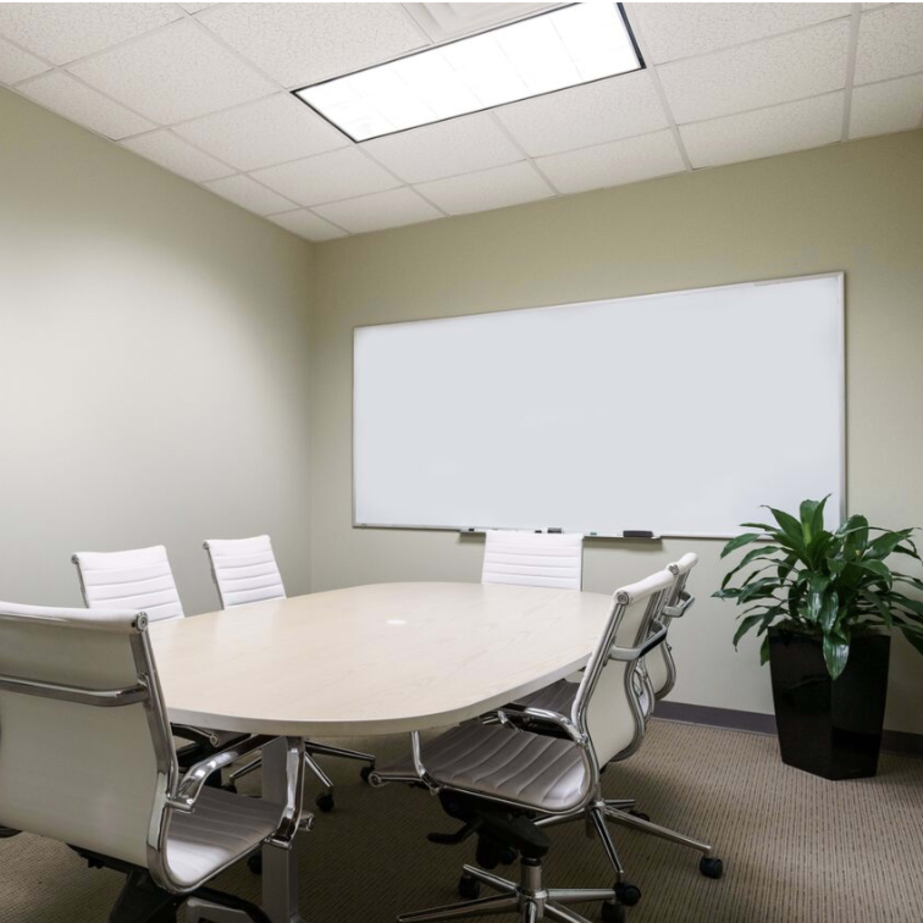 A conference room with a large oval table surrounded by six white chairs, a whiteboard on the wall, and a potted plant in the corner.