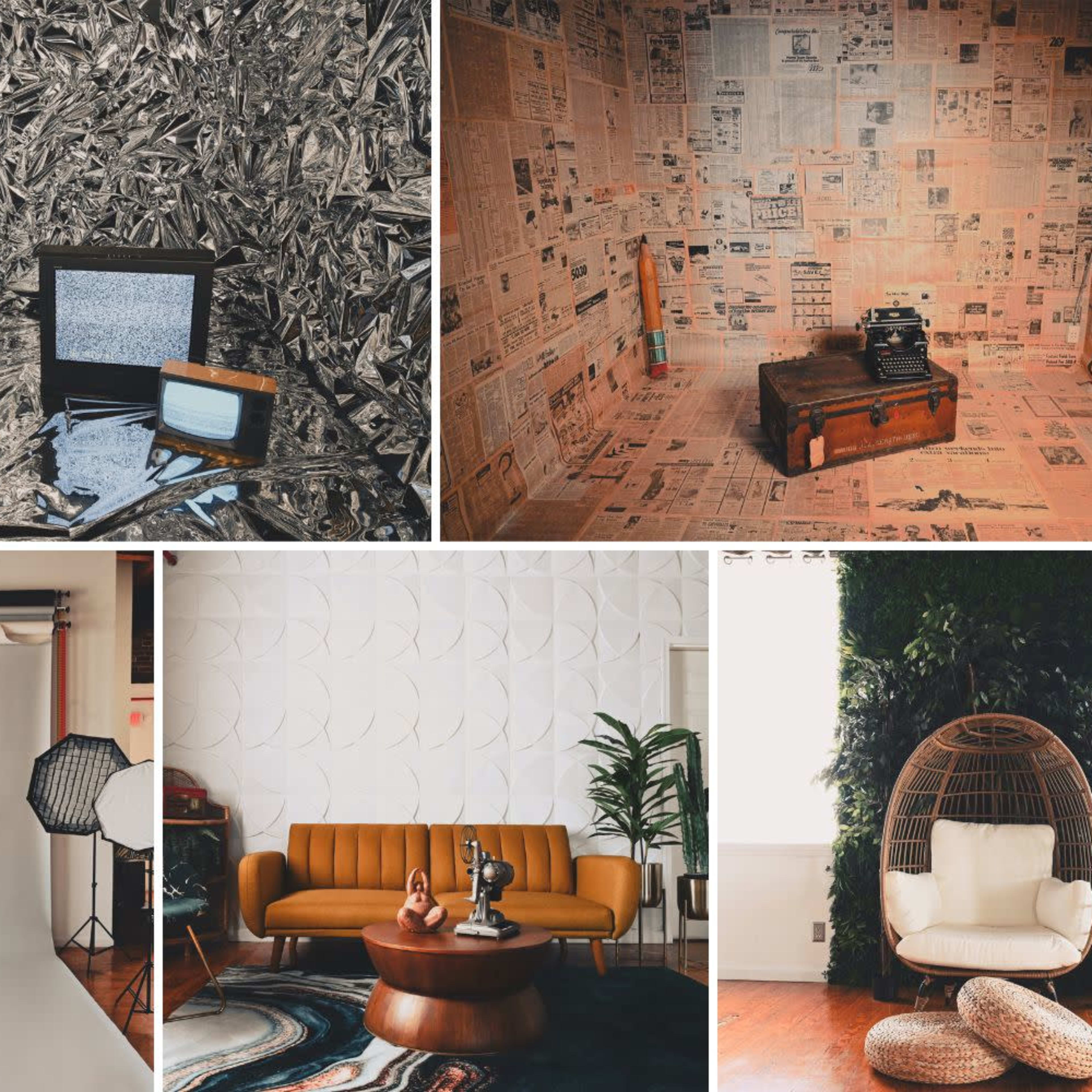 A collage of five scenes, including a vintage television set with a blank screen on a silver surface, a room with newspaper-covered walls, a photography studio setup, a modern living area with an orange couch, and a cozy seating space with a hanging chair surrounded by greenery.