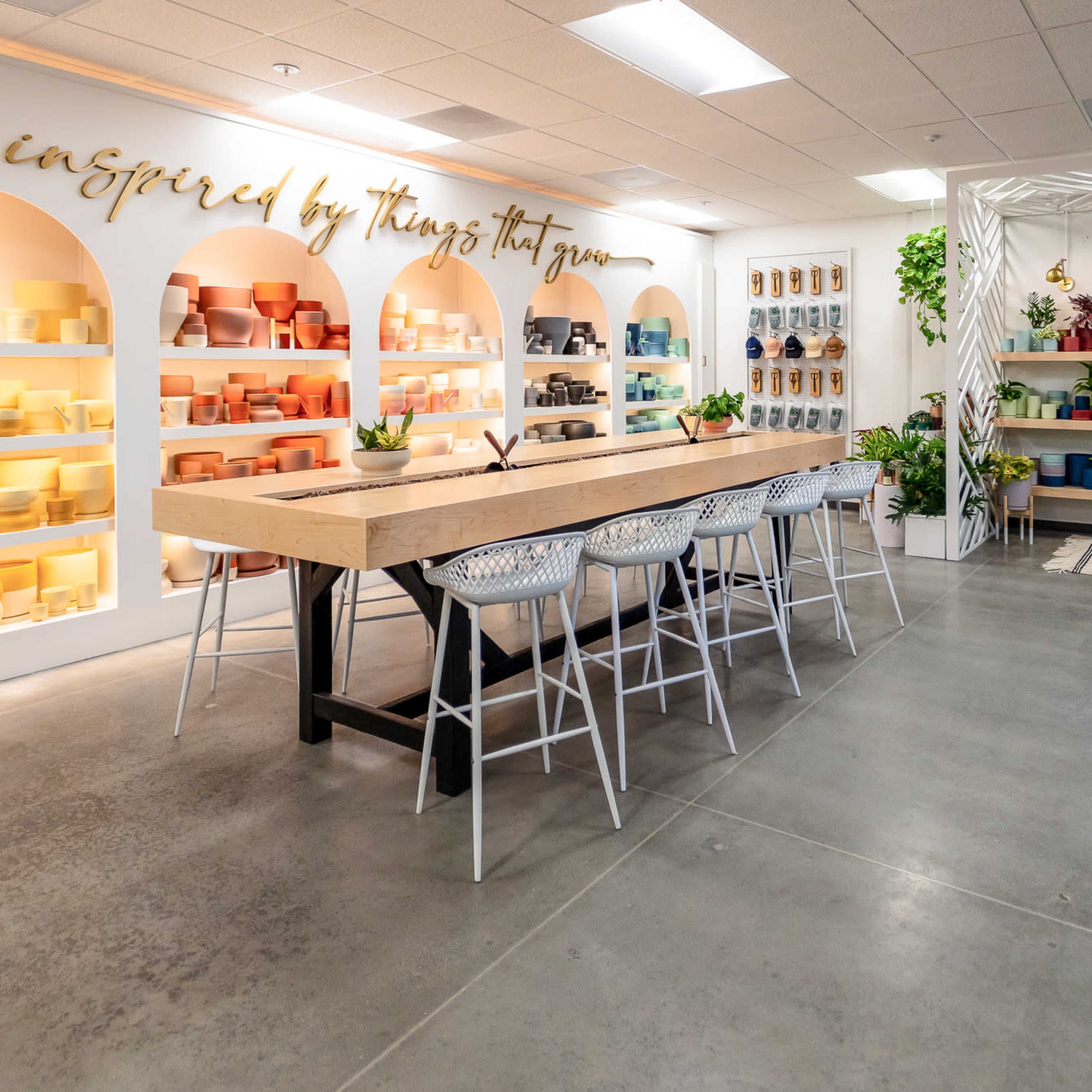 A spacious, modern workspace featuring a long wooden table surrounded by white chairs, with shelves of colorful planters and plants lining the walls.