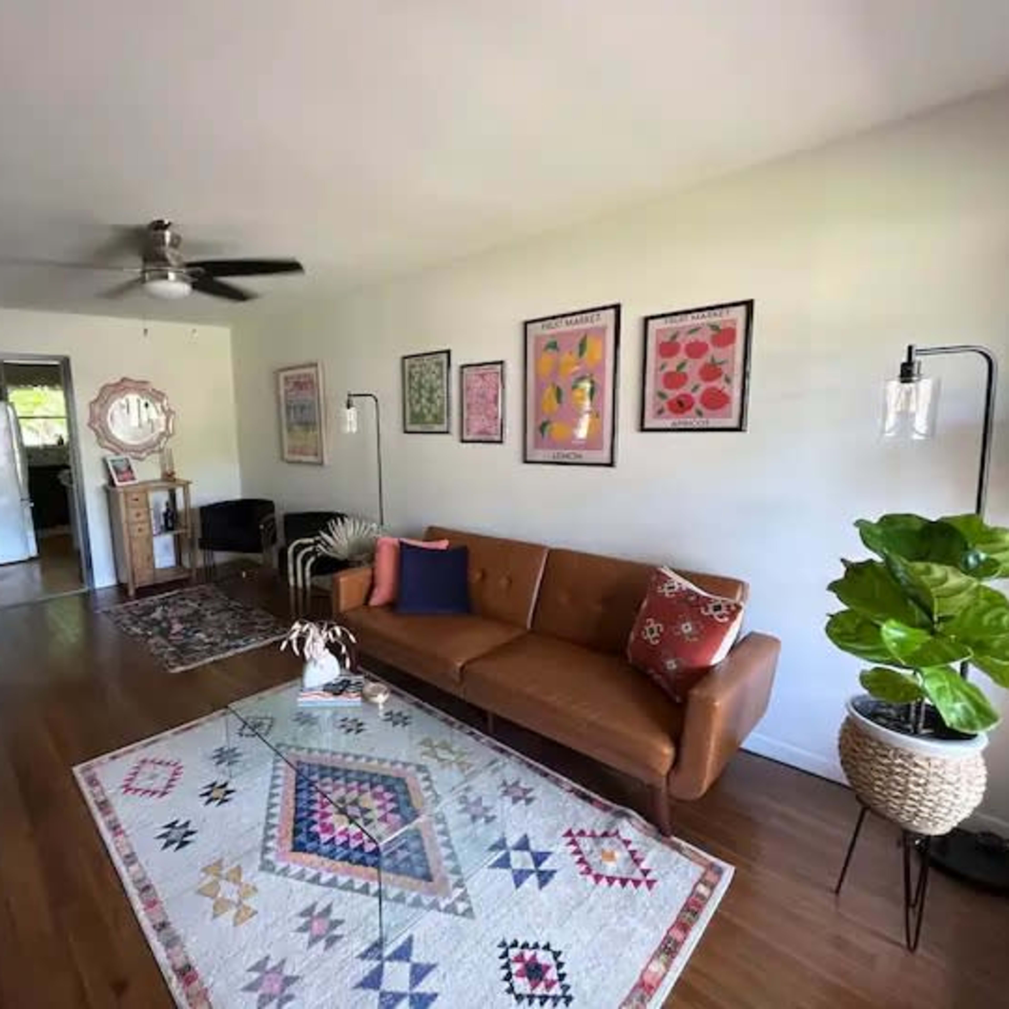 A living room featuring a brown sofa, colorful framed artwork on the walls, a patterned area rug, and a large potted plant.