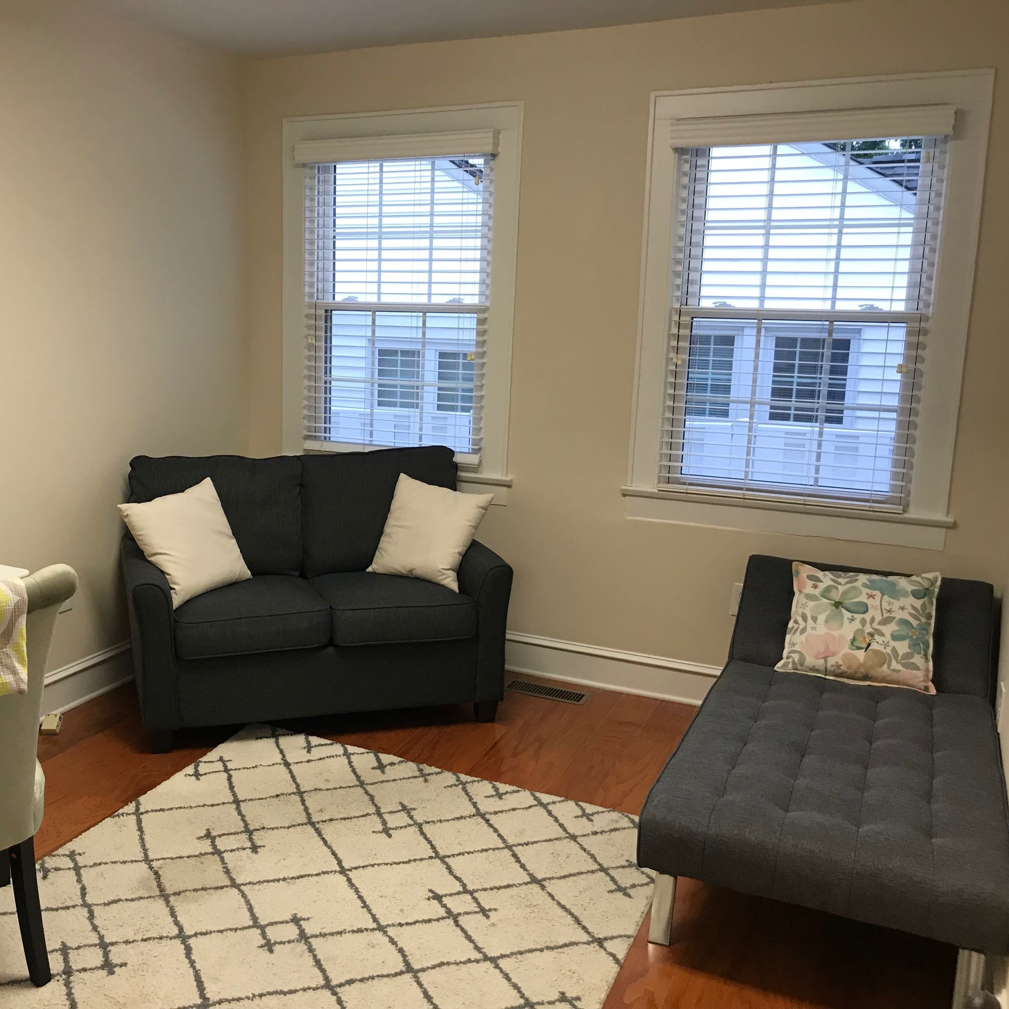 A small living room with a gray couch, a chaise lounge, a chair, and a desk next to a patterned rug and two windows.