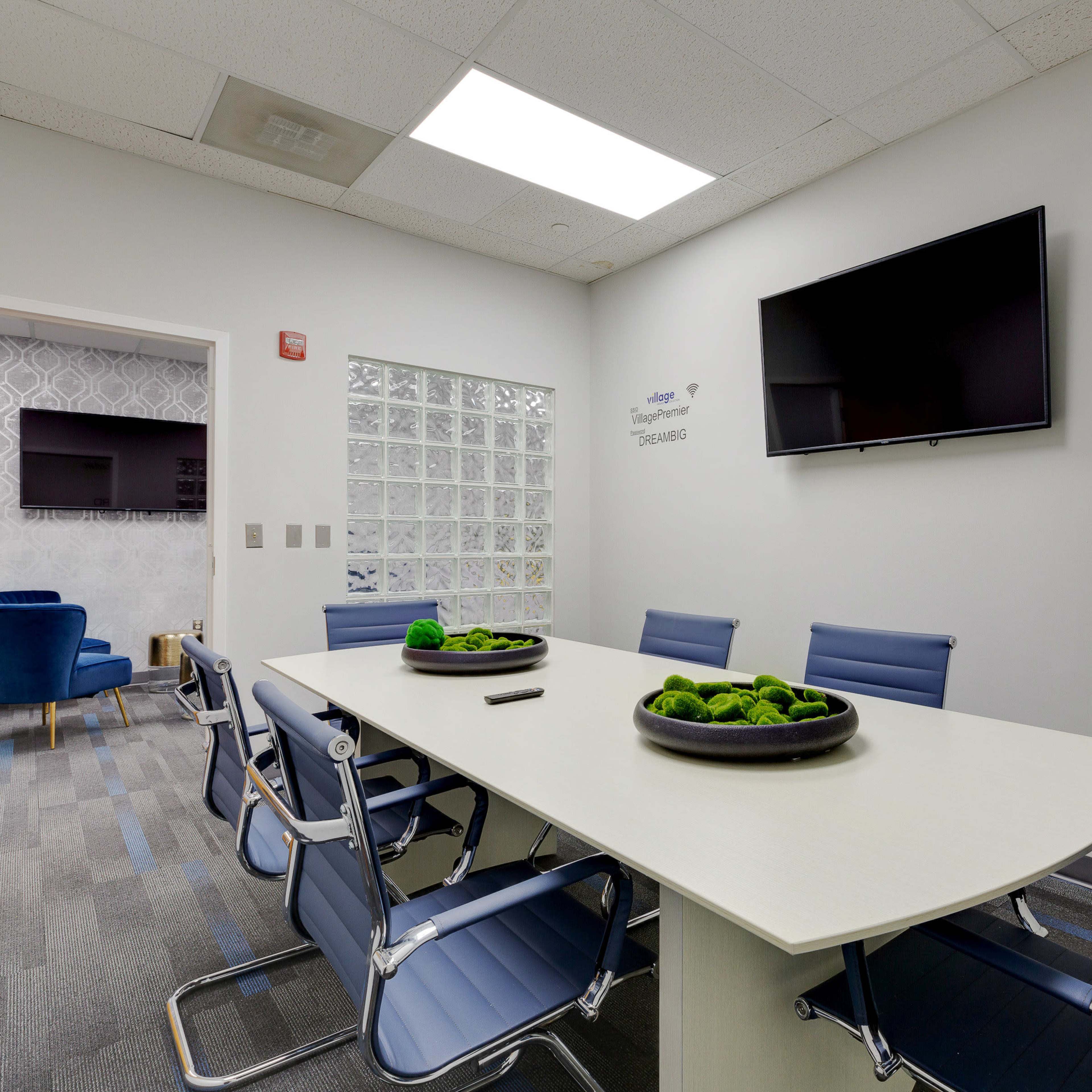 A conference room features a long table with blue chairs, a television mounted on the wall, and decorative plants in the center.