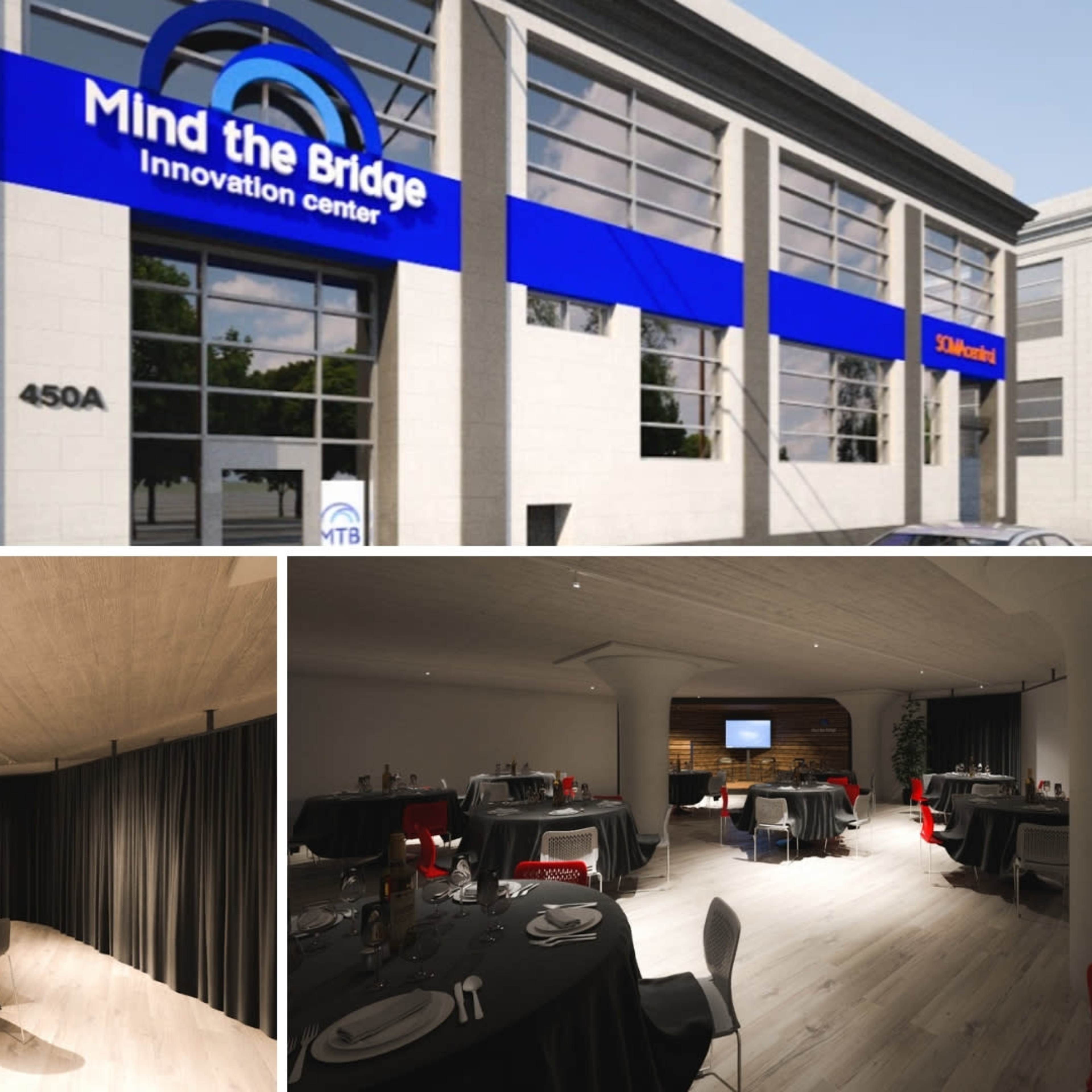 The exterior and interior of the Mind the Bridge Innovation Center, featuring a modern building with seating arrangements for events and a dining setup.
