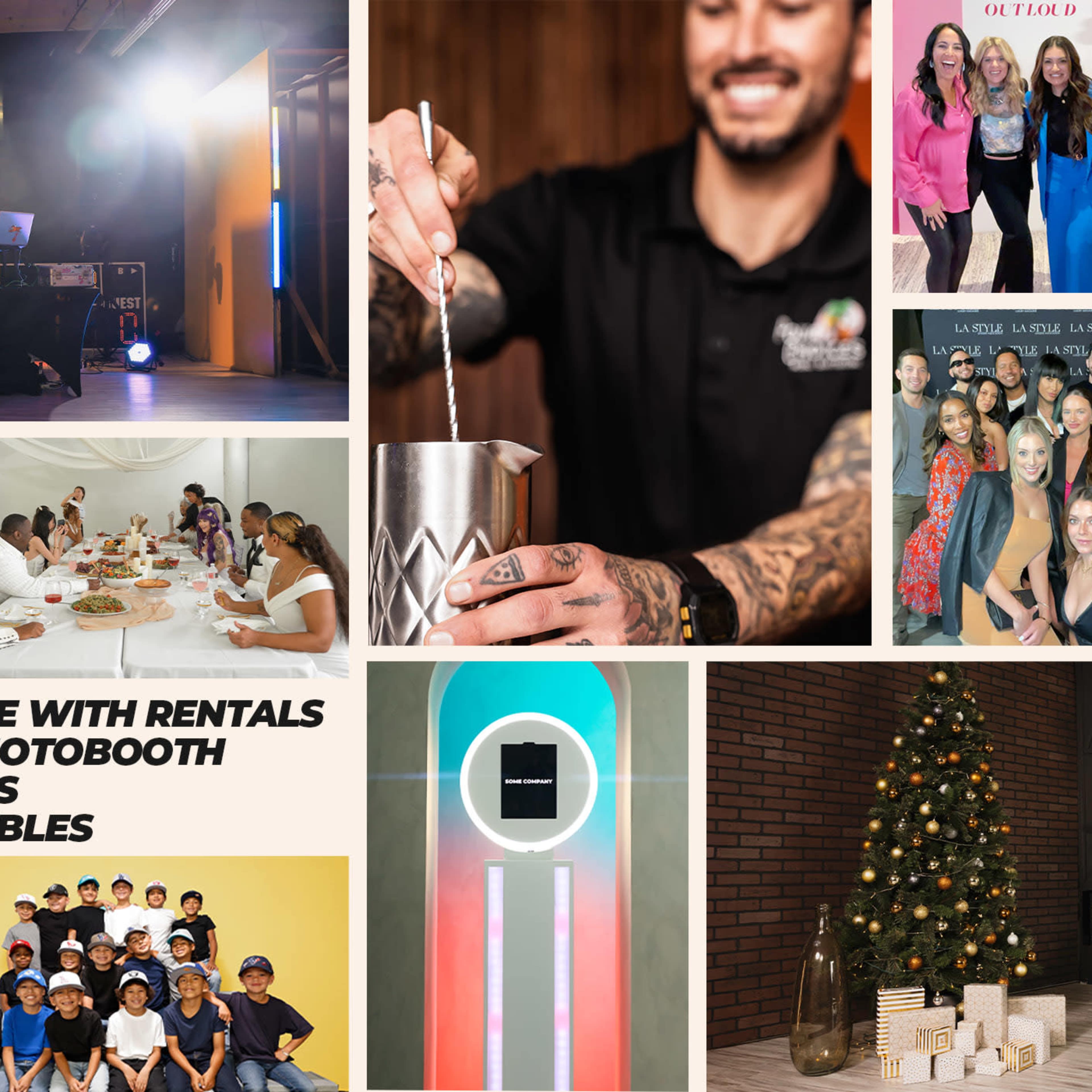 A collage of event rental services, including lighting, props, and decor, along with a DJ setup, a cocktail preparation scene, and a festive table setting with decorations.